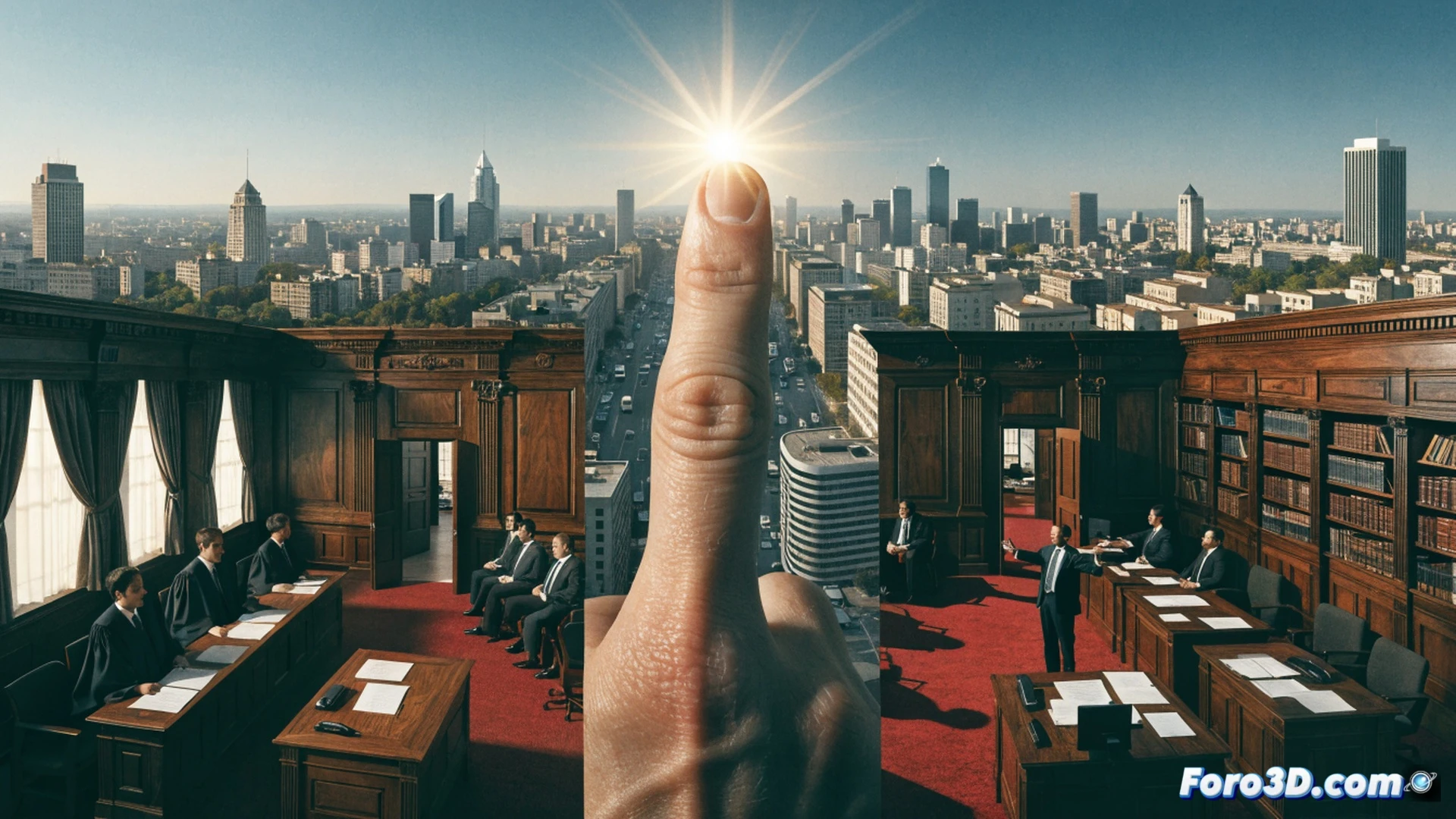 A judge hammer descending onto a stack of official documents labeled with corruption charges, while a large digital screen behind shows a graph with a record-high investment line, a thick smoke machine releasing gray fog from the screen base, obscuring the hammer and documents, cinematic technical illustration, photorealistic courtroom setting, metallic gavel with precise engraving, glowing red corruption seal breaking under impact, smoke particles partially blocking the investment graph, dramatic overhead lighting, sharp contrast between clean screen data and dirty smoke, ultra-detailed wood textures and cable wires, realistic haze diffusion
