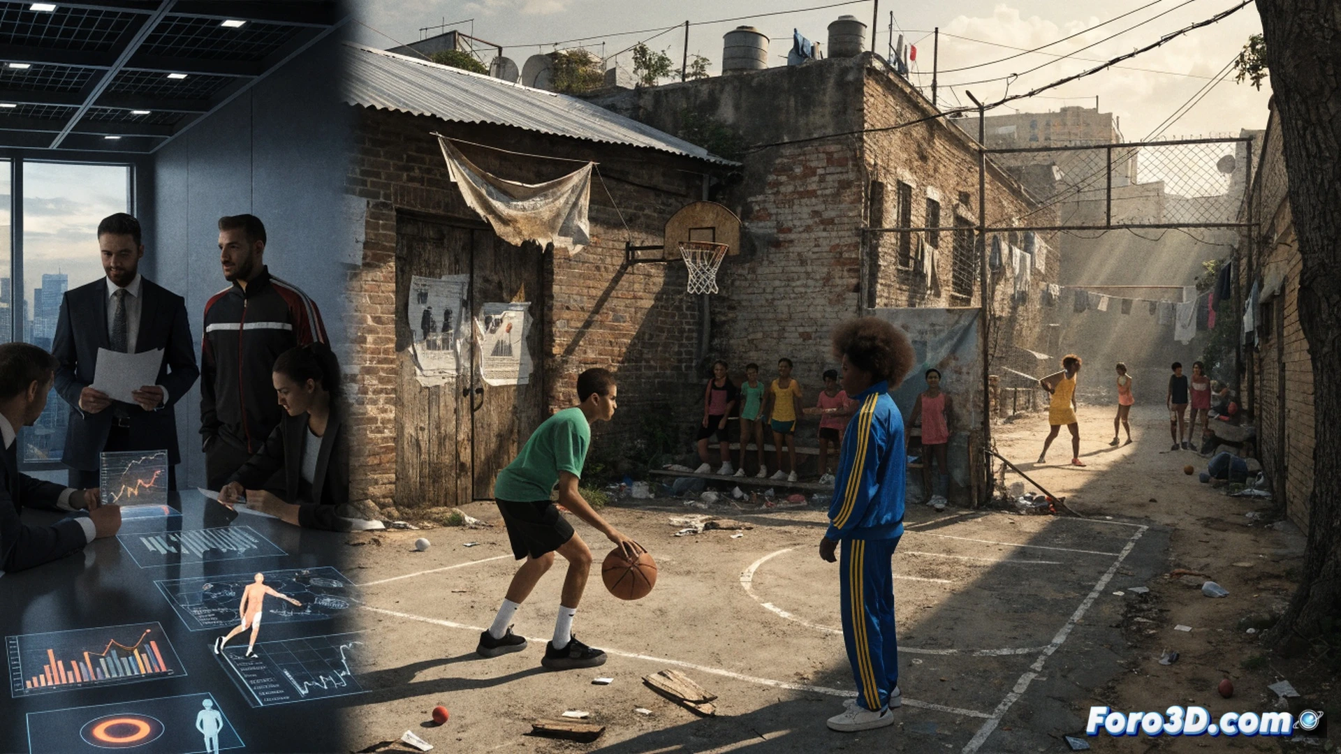 photorealistic scene of a crumbling community soccer field with cracked concrete stands, a young girl in worn boots kicking a deflated ball toward a rusted goalpost, while in the background a luxury stadium glows with neon billboards and private jet trails, a wealthy investor in suit holding a golden briefcase watches from a balcony, contrasting decay and opulence, cinematic lighting, ultra-detailed textures of peeling paint and polished glass, dramatic shadows, technical illustration style
