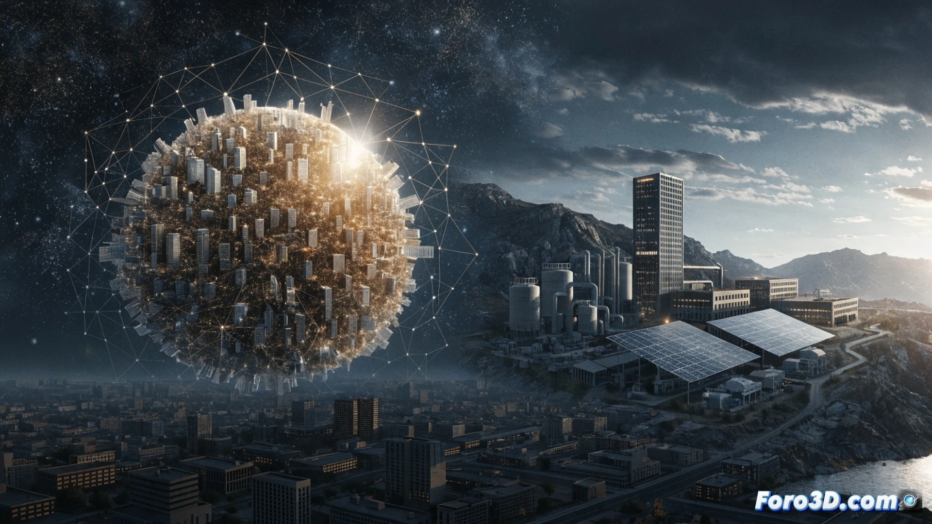 glowing globe with golden financial arrows converging on southern Spain, Andalusia region highlighted in warm amber light, multinational corporate logos floating above industrial parks, workers in safety vests assembling solar panels and tech components, government official pointing at a digital screen showing tax reduction charts and simplified permit flow diagrams, photorealistic cinematic visualization, warm sunset lighting over modern factories and green hills, clean minimalist infrastructure, data streams connecting to European cities, aerial perspective showing construction cranes and new office buildings, dramatic atmospheric depth, ultra-detailed urban development scene