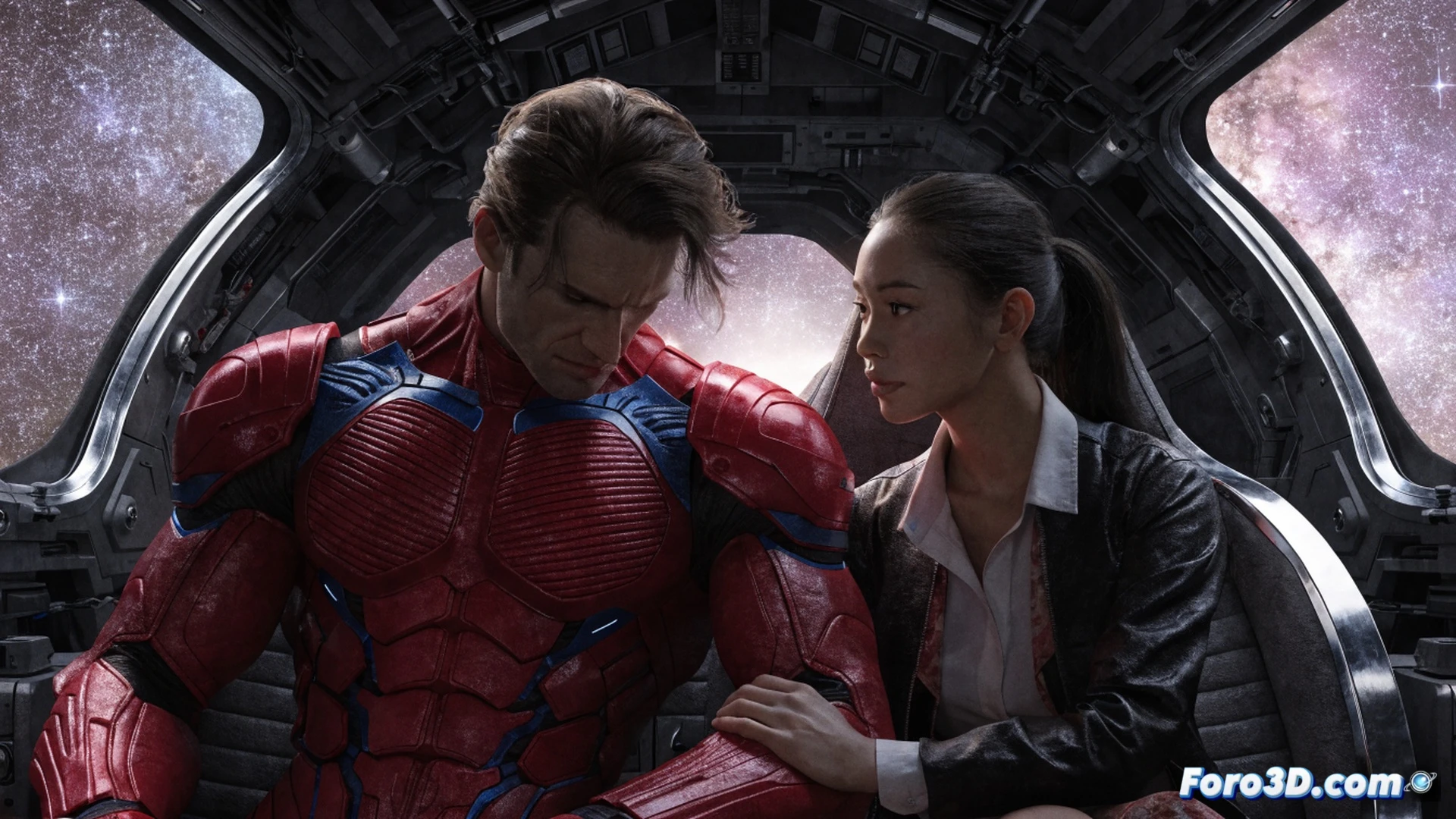 cinematic space scene, Omni-Man holding Debbie close while floating inside a transparent spacecraft observation dome, Earth visible through reinforced glass panels, stars reflecting off curved metallic surfaces, emotional embrace contrasting with cold futuristic engineering, blue ambient light from control panels illuminating their faces, soft red glow from emergency indicators, photorealistic sci-fi render, intimate human moment during interstellar travel, detailed spacesuit textures, condensation on glass, dramatic chiaroscuro lighting, ultra-detailed mechanical joints and hull plating