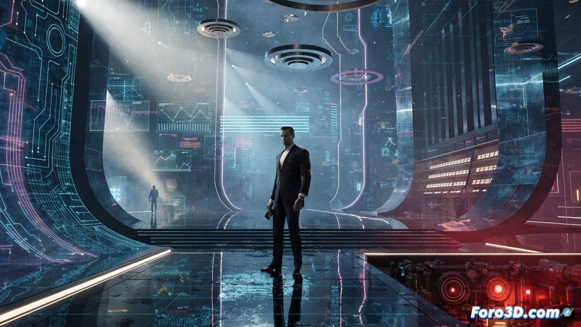 Nintendo Switch 2 console displaying 007 First Light gameplay, secret agent aiming a Walther PPK during a rooftop chase sequence, glossy black console with neon blue accents, Joy-Con controllers detached showing motion controls, IO Interactive logo on loading screen, cinematic action shot with dramatic lens flare, realistic smoke trails from gunfire, detailed urban night environment with glowing neon signs, photorealistic technical illustration, polished metallic surfaces, dynamic pose showing agent mid-leap, ultra-sharp product photography style, high-contrast lighting emphasizing console texture