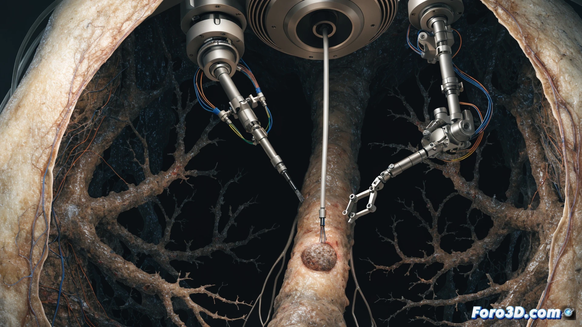 robotic bronchoscopy catheter navigating through branching lung airways, ultra-thin flexible instrument reaching a small pulmonary nodule at the periphery, real-time 3D CT scan overlay displayed on a translucent medical monitor, needle extending from catheter tip during biopsy action, photorealistic medical illustration, translucent lung tissue with visible bronchial tree, soft blue ambient lighting, precise robotic arm movements, glowing navigation path highlighted inside airways, cinematic surgical lighting, ultra-detailed anatomical structures, technical engineering visualization
