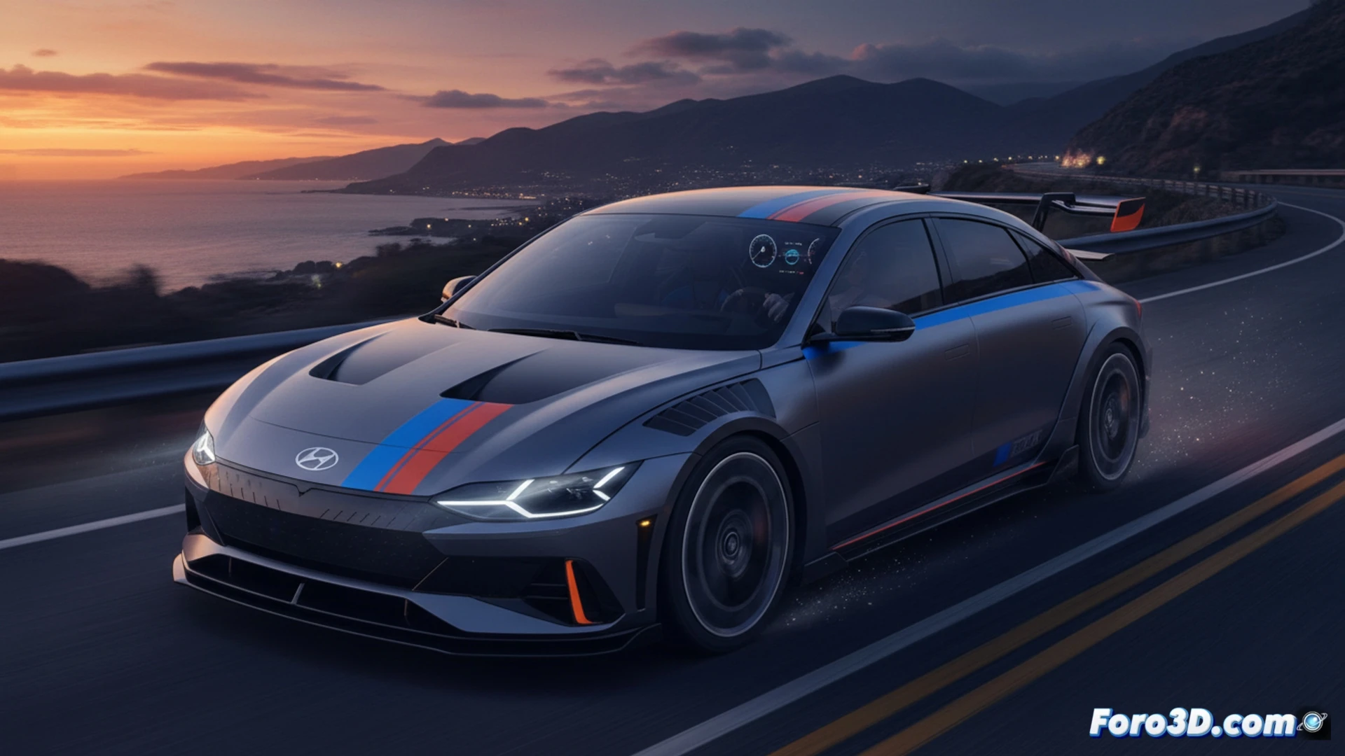 Hyundai IONIQ 6 N drifting on a wet racetrack at night, rear tires releasing thick blue-white smoke from regenerative friction, driver's hands gripping a physical steering wheel with tactile buttons while tapping a diagnostic tablet showing battery temperature and motor torque curves, aggressive aerodynamic side skirts and rear diffuser cutting through rain spray, cinematic engineering visualization, dramatic track lighting reflecting on wet asphalt, motion blur on spinning wheels, glowing orange brake calipers visible, ultra-detailed metallic bodywork, photorealistic technical render