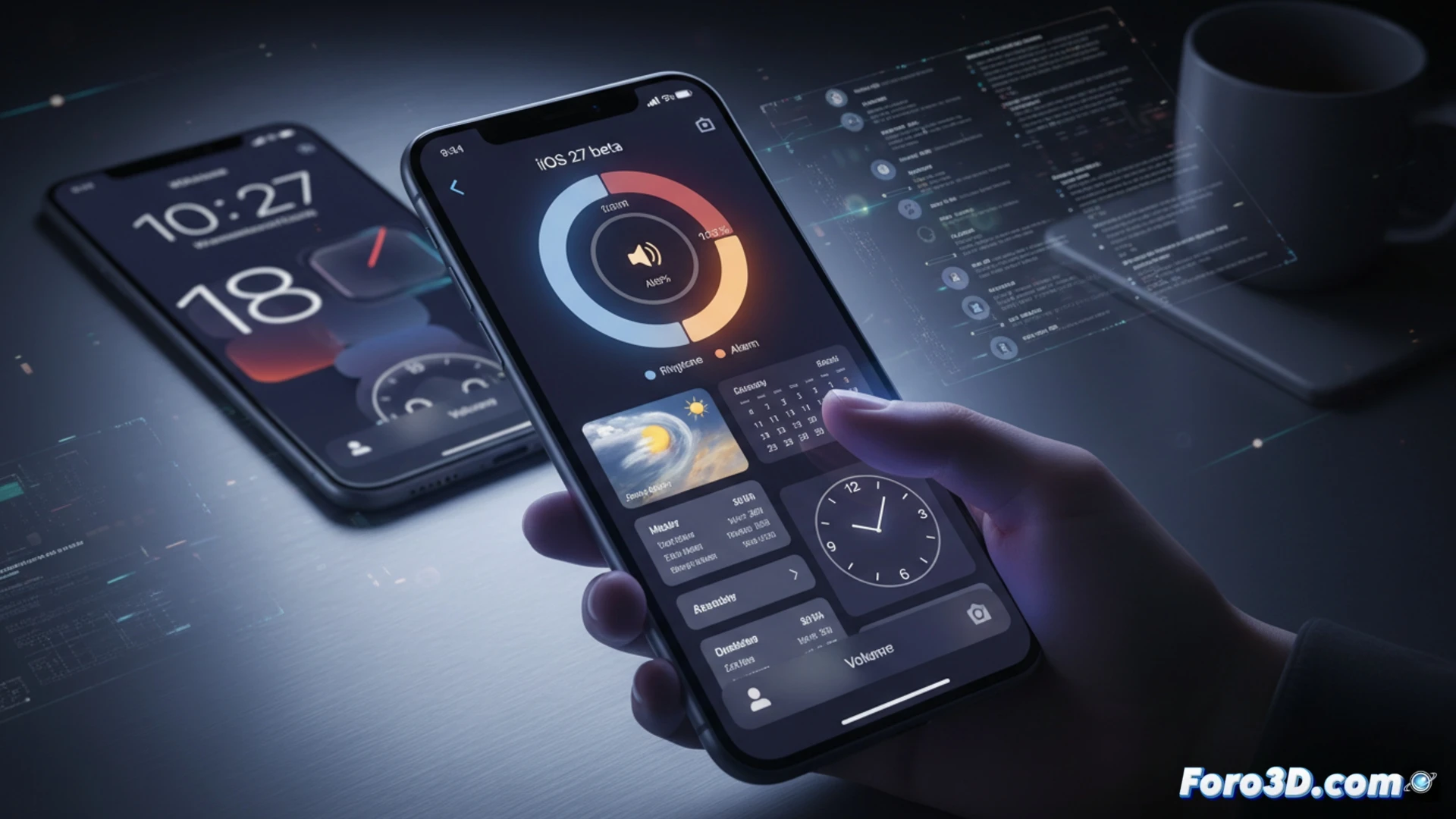 iPhone horizontal flotando en espacio oscuro, dedo rozando control deslizante de volumen de alarma separado del timbre, interfaz de iOS 27 mostrando widget extra grande que ocupa toda la pantalla y reloj de bloqueo redimensionado, partículas de vidrio líquido ajustable brillando alrededor del dispositivo, pantalla con iconos rediseñados en movimiento, cinematic engineering visualization, iluminación dramática azul y naranja, reflejos metálicos en bordes, ultra-detallado render fotorealista
