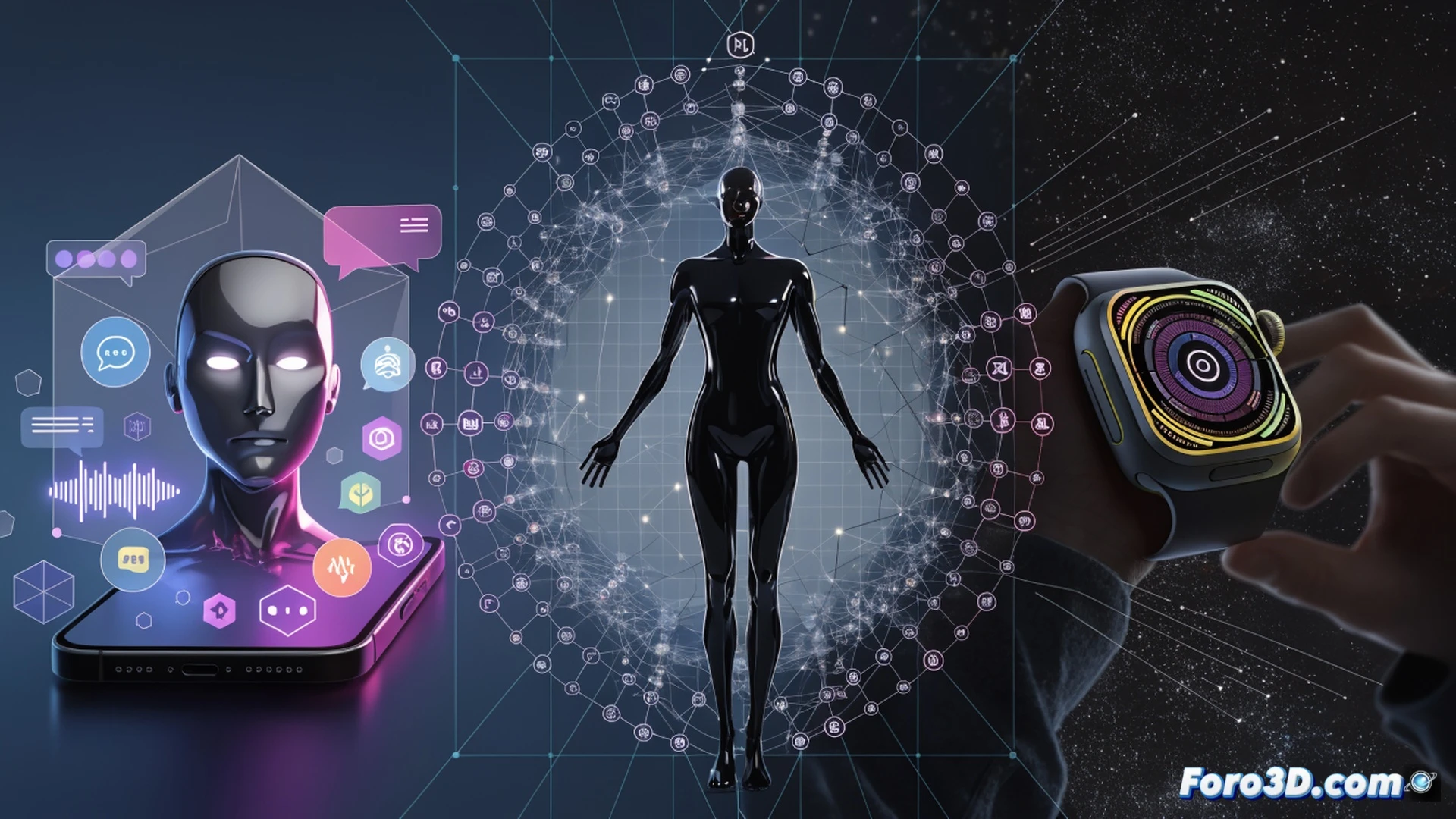 iPhone display showing Siri interface with three floating chatbot icons ChatGPT Gemini Claude, user finger selecting Claude option, holographic speech bubbles floating upward with multilingual translations, Apple Watch Ultra on wrist with clean minimal interface, glowing data streams connecting between chatbots and phone, cinematic tech visualization, soft blue ambient light reflecting on polished aluminum surfaces, futuristic smart home background with subtle data privacy lock icons, photorealistic industrial design render, dramatic side lighting emphasizing screen depth, ultra-detailed UI elements with motion blur on active selection