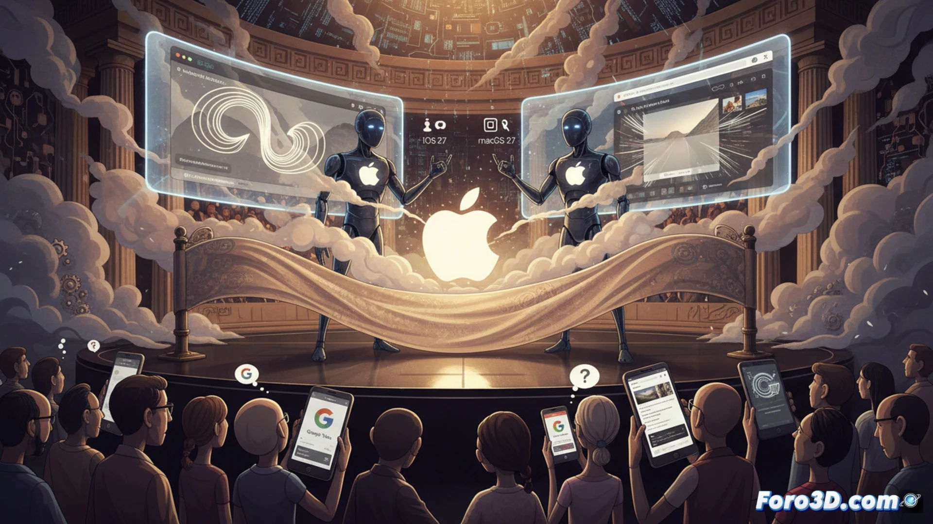 photorealistic technical illustration of a smartphone and laptop side by side, a hand swiping a Safari tab that morphs into a Chrome tab with identical layout, while another hand adjusts an AI photo filter on macOS that mirrors Google Photos editing sliders, glowing interface elements showing copied features, subtle smoke wisps rising from the Apple logo, cinematic lighting with harsh studio shadows, metallic device edges reflecting a grid of code lines, engineering visualization style, ultra-detailed screen reflections, dramatic contrast between innovation claims and visual repetition