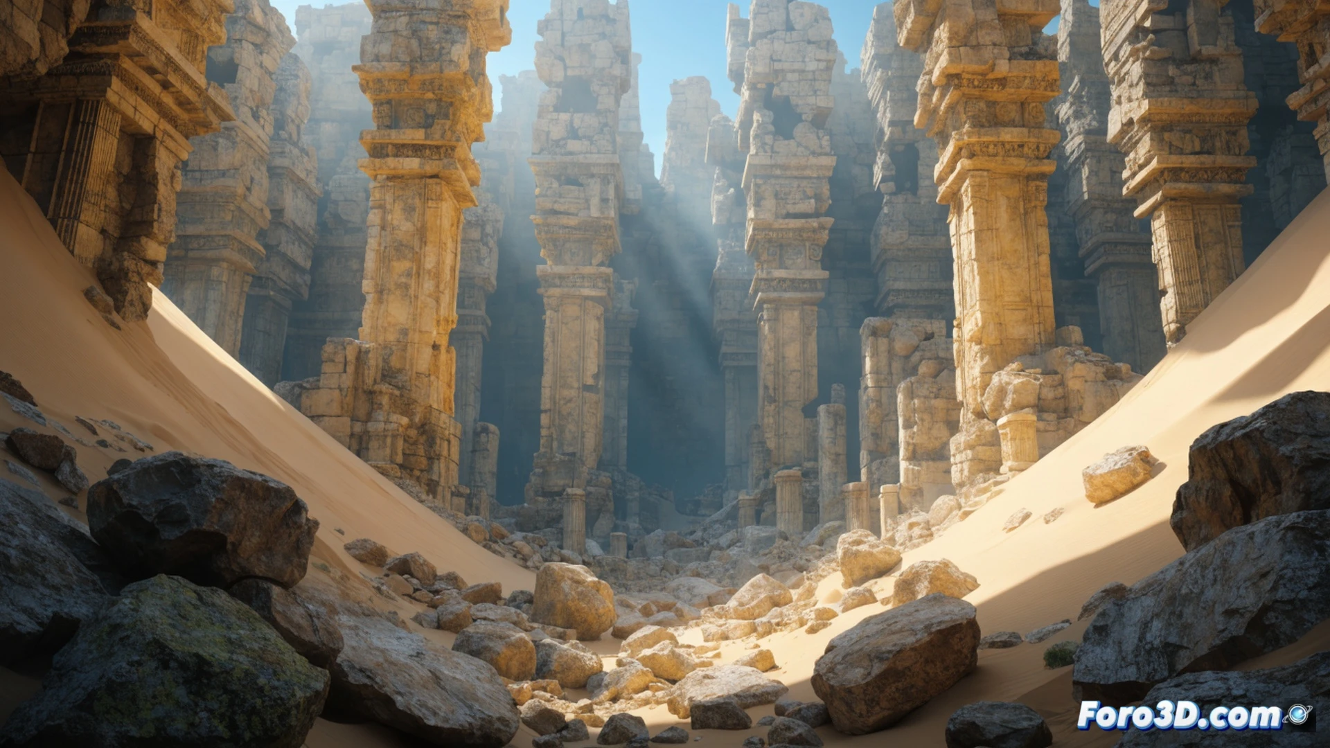 arid desert excavation site, ancient stone pillars partially buried in sand, archaeologists using ground-penetrating radar equipment while examining a digital tablet showing subsurface ruins, wind erosion exposing carved column fragments, dramatic golden sunset lighting, dust particles floating in air, technical archaeological visualization, photorealistic render, wide-angle shot showing the scale of excavation, rugged terrain with layered sedimentary rock formations, historical mystery atmosphere, cinematic composition