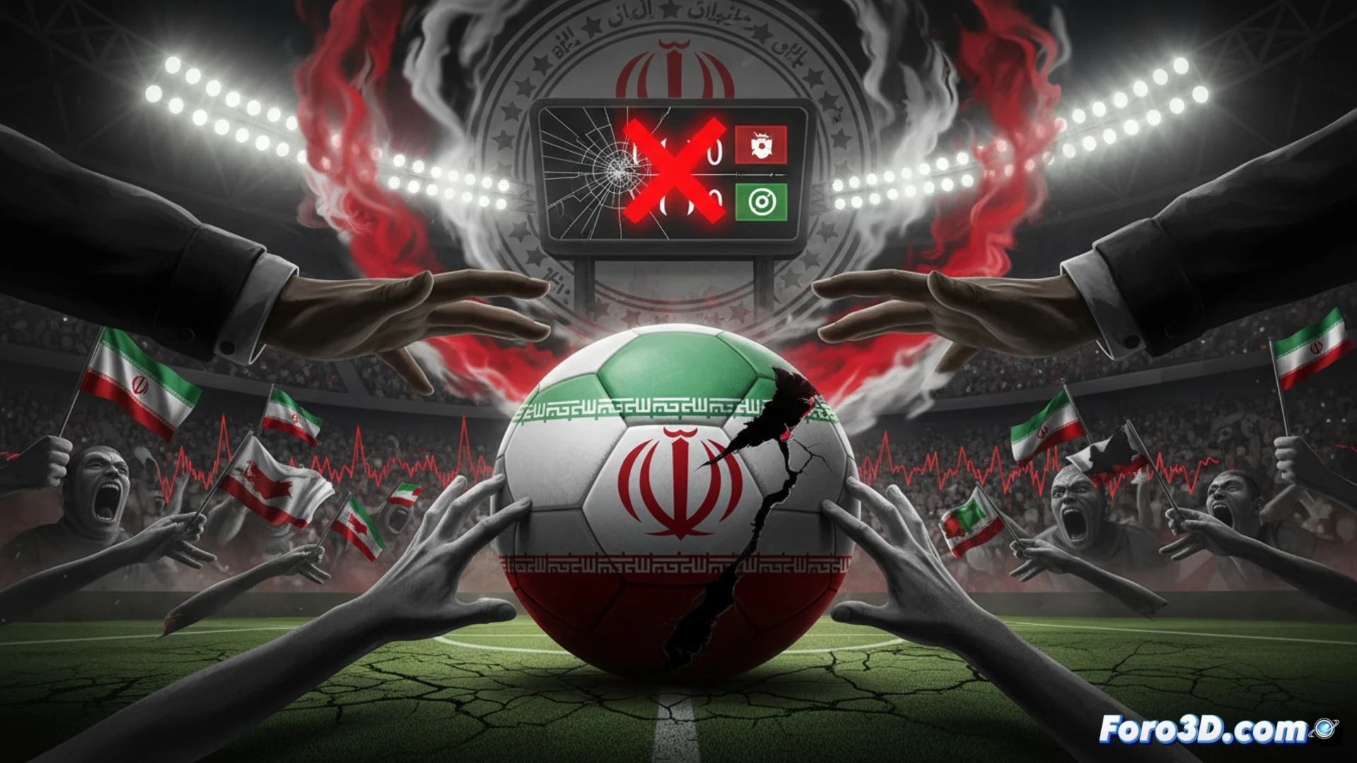 Iranian football stadium interior, dramatic moment of tension, players in red and white jerseys frozen mid-action on grass field, referee holding red card, stadium security guards approaching flag-waving section of crowd, empty seats in background, large FIFA banner hanging from upper tier, spotlights casting harsh shadows across pitch, photorealistic cinematic style, high contrast lighting, ultra-detailed textures of synthetic turf and stadium architecture, wide-angle lens perspective capturing both players and crowd, motion blur on waving flags, intense atmosphere, technical sports photography aesthetic