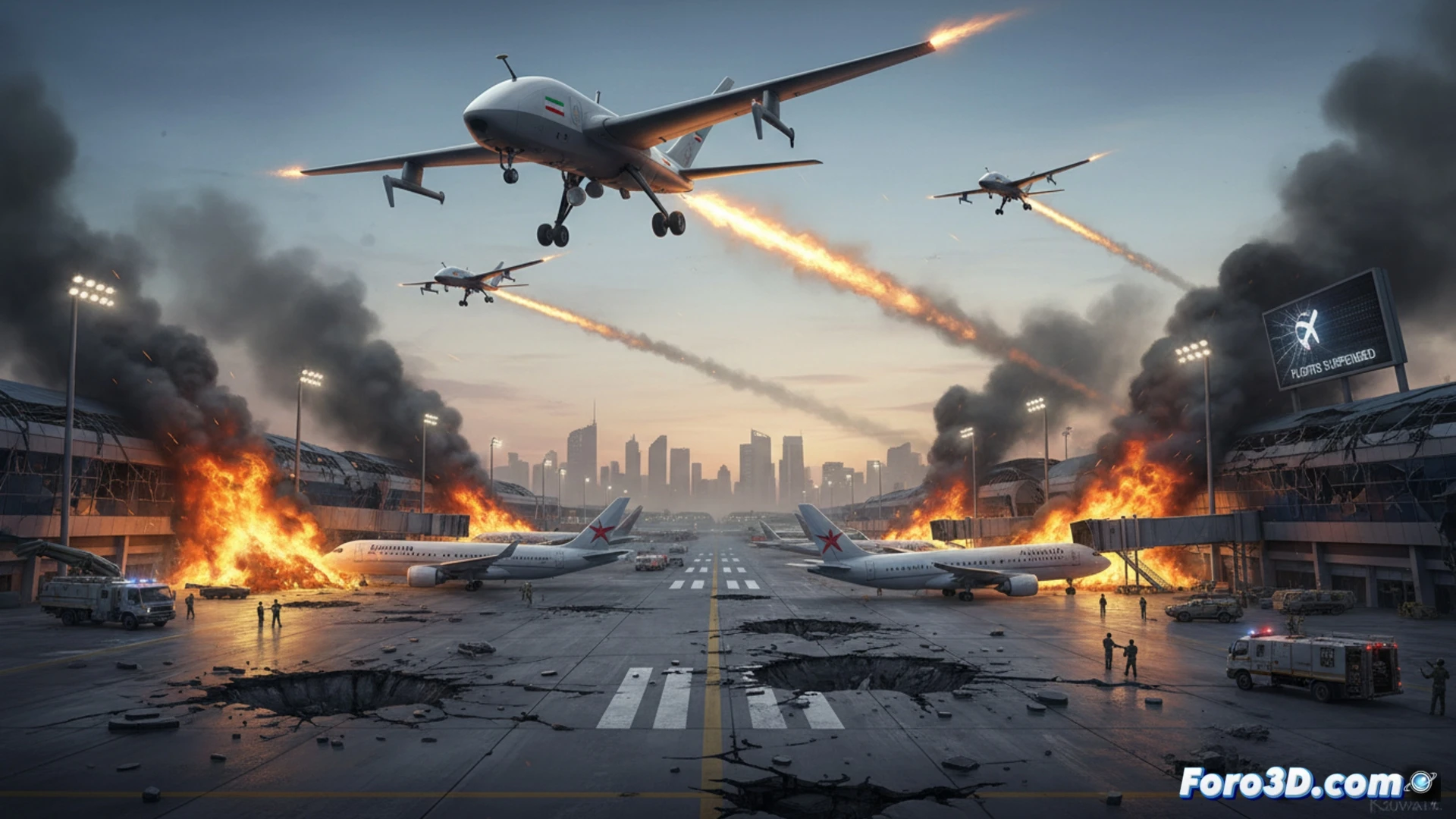 drone swarm attack over Kuwait International Airport at dusk, multiple Iranian-made Shahed-136 drones diving toward runway tarmac, explosions erupting on asphalt near terminal glass facade, smoke plumes rising from damaged control tower, airport radar dish spinning with cracked screen showing red warning zones, ground crew running near fuel trucks, scattered luggage carts and fire rescue vehicles with flashing lights, cinematic aerial perspective with wide-angle lens, photorealistic military engineering visualization, dramatic orange fire glow reflecting on metallic drone surfaces, debris fragments suspended mid-air, high-contrast lighting with smoke haze, ultra-detailed runway markings and terminal architecture, action captured during simultaneous detonations