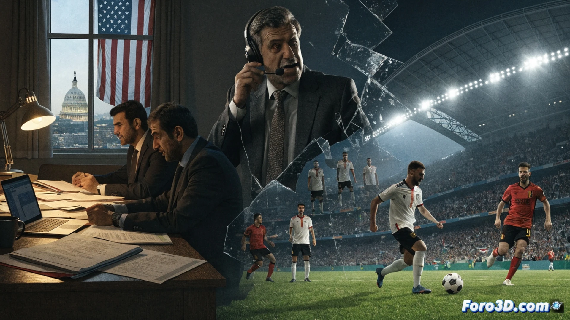 Iranian football players in red and white jerseys celebrating on a rainy pitch while a Belgian opponent stands dejected, a passport with a visa stamp lying on the grass near a football, a broken bureaucratic chain link symbol falling apart in the background, cinematic sports photography style, photorealistic render, dramatic stadium floodlights, rain droplets frozen mid-air, players’ expressions showing exhaustion and triumph, mud splatters on jerseys, high-contrast lighting, detailed fabric textures, emotional action scene