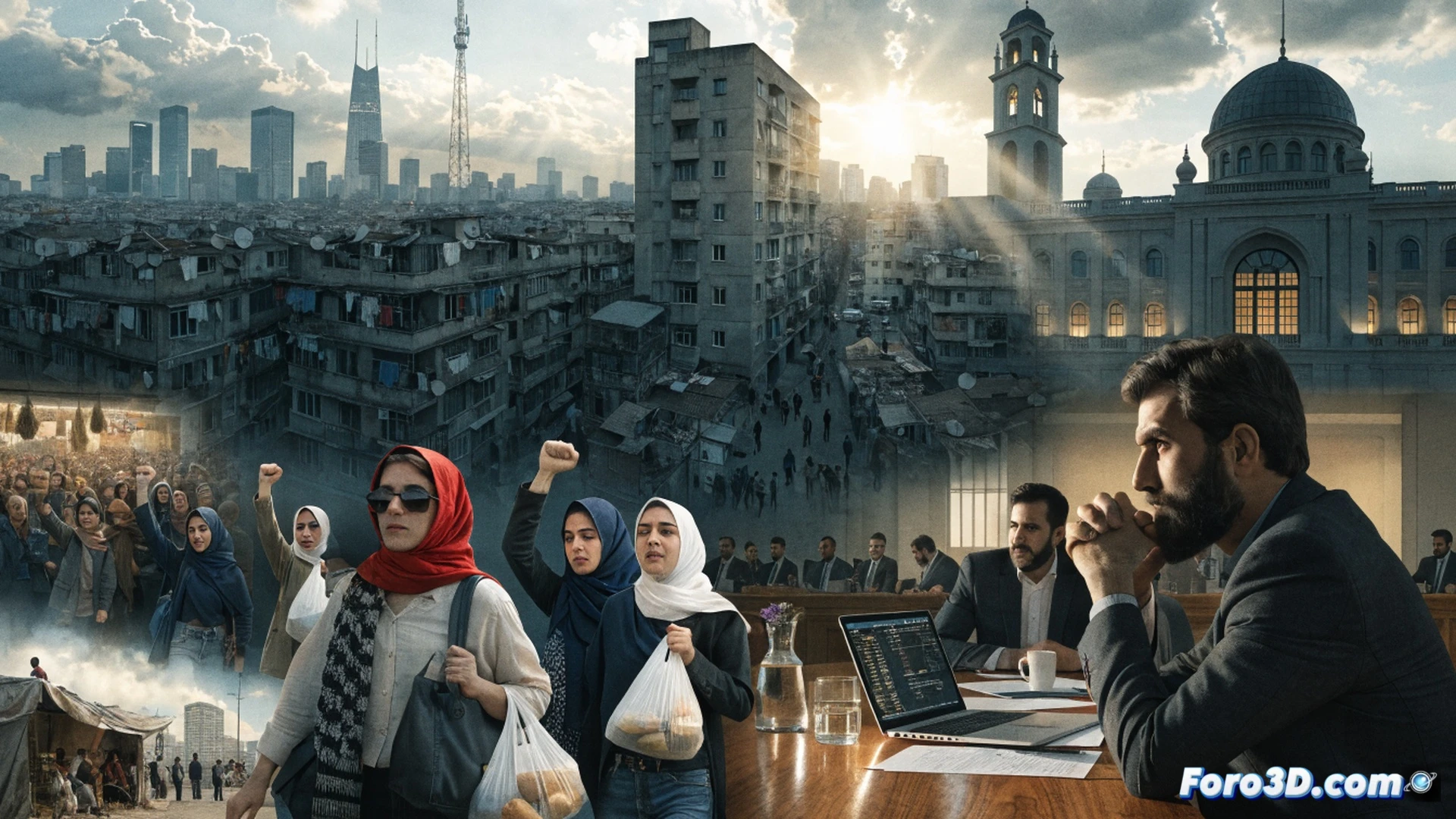 crowded Tehran street scene at sunset, exhausted citizens holding empty bowls and protest signs, inflation charts projected on crumbling walls, Iranian government officials in suits watching from behind bulletproof glass, split composition showing luxury car passing by homeless families, military vehicles parked near closed shops, women in chadors checking empty wallets, cinematic photorealistic style, dramatic chiaroscuro lighting, dust particles in air, cracked asphalt reflecting neon shop signs, ultra-detailed facial expressions of fatigue and anger, technical illustration with urban decay textures