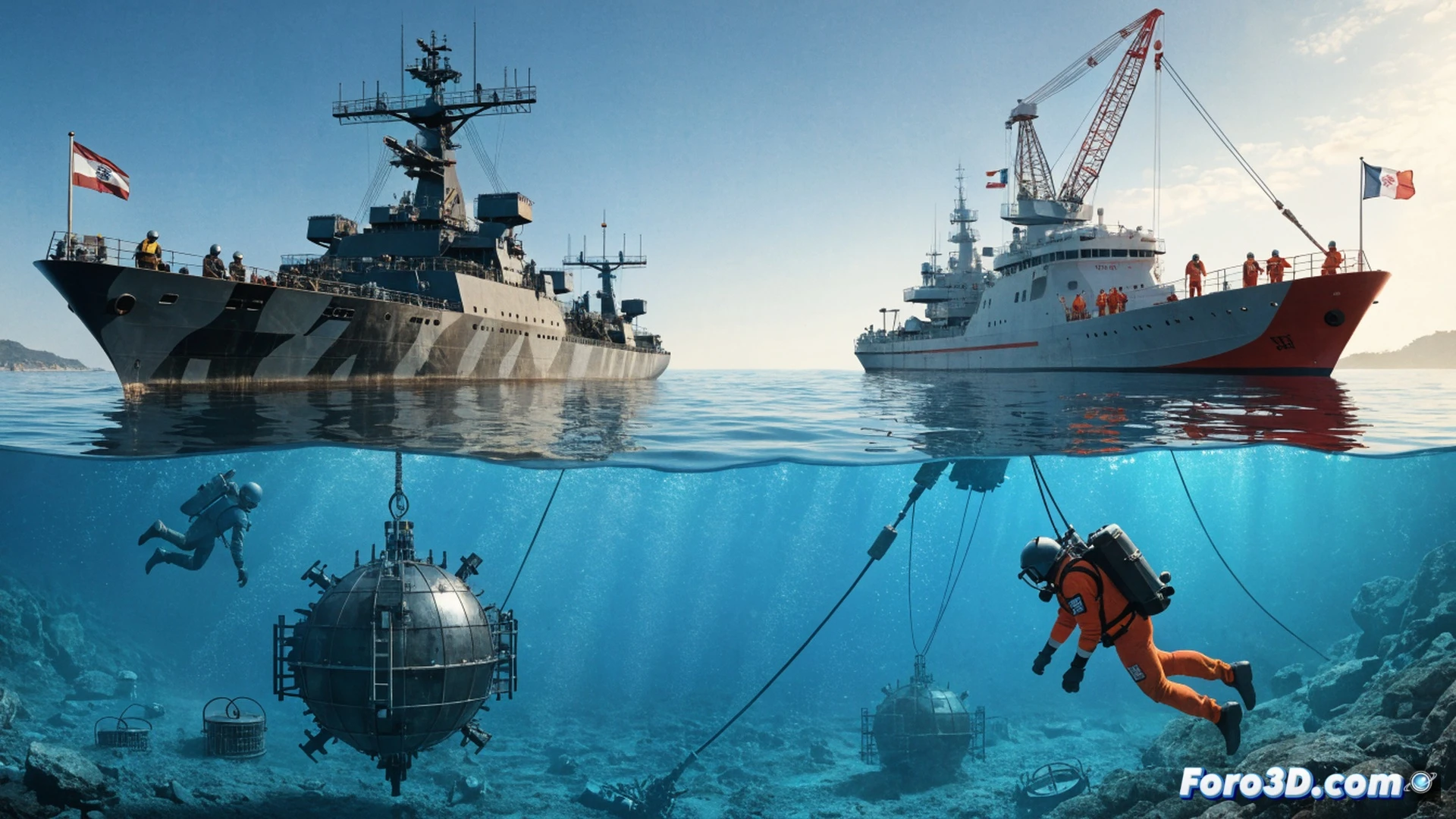 Large cargo ship navigating narrow Strait of Hormuz, multiple underwater mines visible near hull, crew on bridge monitoring sonar display showing minefield, Iranian naval patrol boat approaching with warning signals, oil tanker in background reducing speed, cinematic photorealistic engineering visualization, dark blue-green ocean surface with wake turbulence, metallic reflections on ship hull, dramatic sunset lighting over horizon, high-contrast industrial atmosphere, ultra-detailed maritime safety equipment on deck