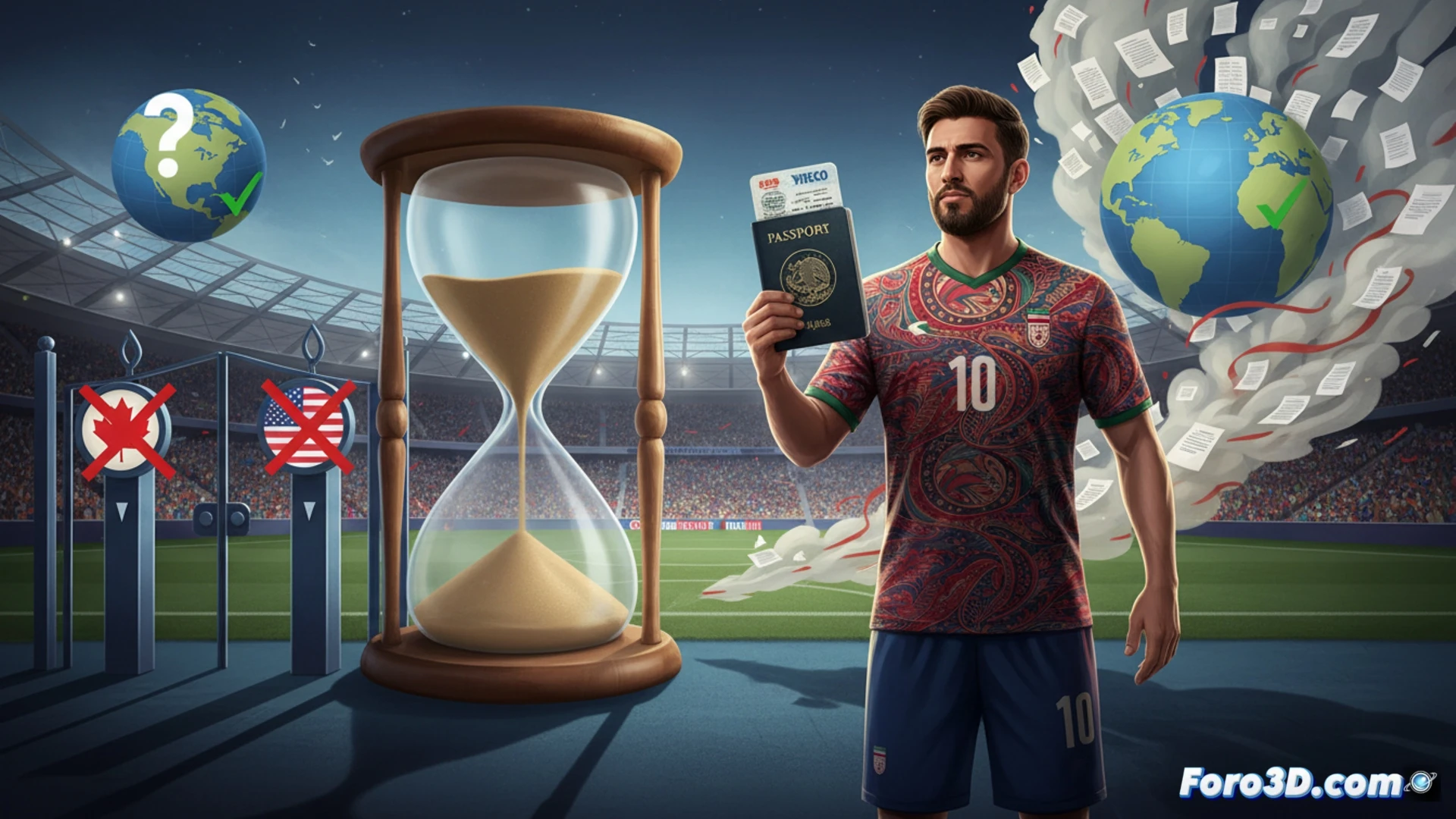 Iranian football team wearing red and white jerseys standing at a Mexican airport immigration counter, passports and visa documents spread on the counter, a customs officer stamping a document, a large wall map of North America showing Mexico highlighted while USA and Canada remain grey, airport terminal background with flight departure boards, cinematic photorealistic style, dramatic lighting from overhead fluorescent lamps, slight tension in body language, detailed immigration booth with computer monitor and official seals, realistic textures on uniforms and documents
