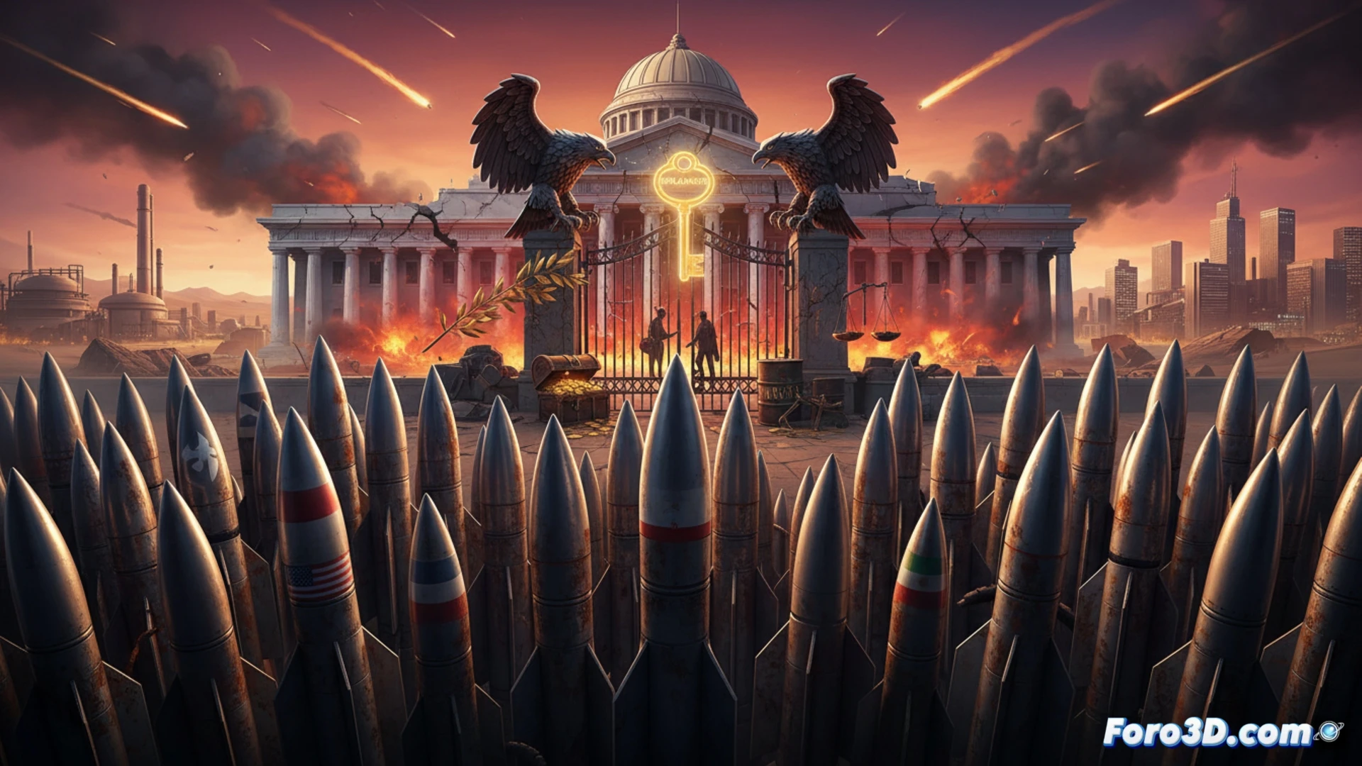 Diplomatic table splitting in half, massive ballistic missiles crashing through the ceiling toward the broken table, UN flag torn and burning, scattered military blueprints and financial charts floating in debris-filled air, dark conference room with shattered windows showing distant explosions, cinematic photorealistic engineering visualization, dramatic high-contrast lighting, smoke and dust particles suspended, metallic missile warheads reflecting orange fire glow, cracked marble floor, ultra-detailed destruction textures, technical illustration style with industrial atmosphere