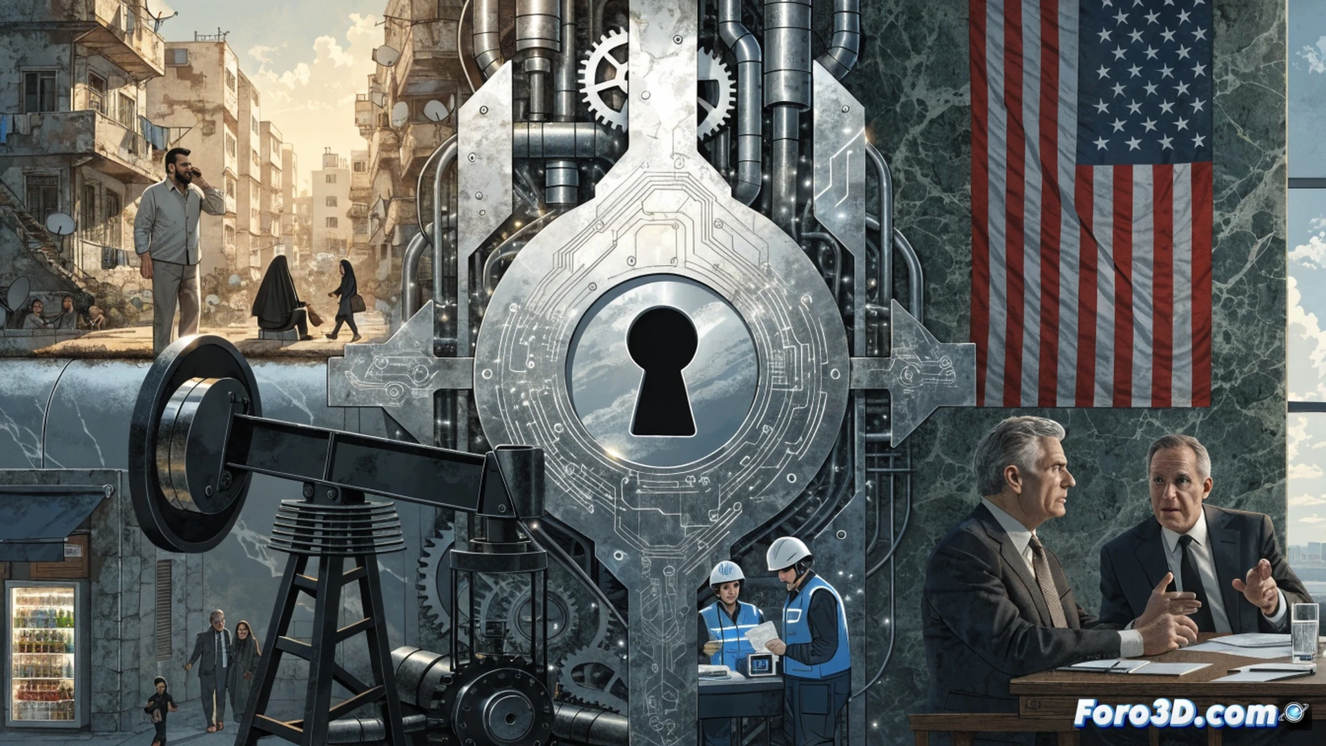 wide-angle shot of a cracked oil barrel leaking black liquid onto a globe, a UN inspection drone hovering above with scanning beam active, Iranian and US flags partially torn and entangled around the barrel, economic graph lines collapsing in the background, photorealistic cinematic visualization, dramatic chiaroscuro lighting, smoke rising from the cracks, metallic debris scattered on a dark reflective floor, hyper-detailed textures, geopolitical tension atmosphere
