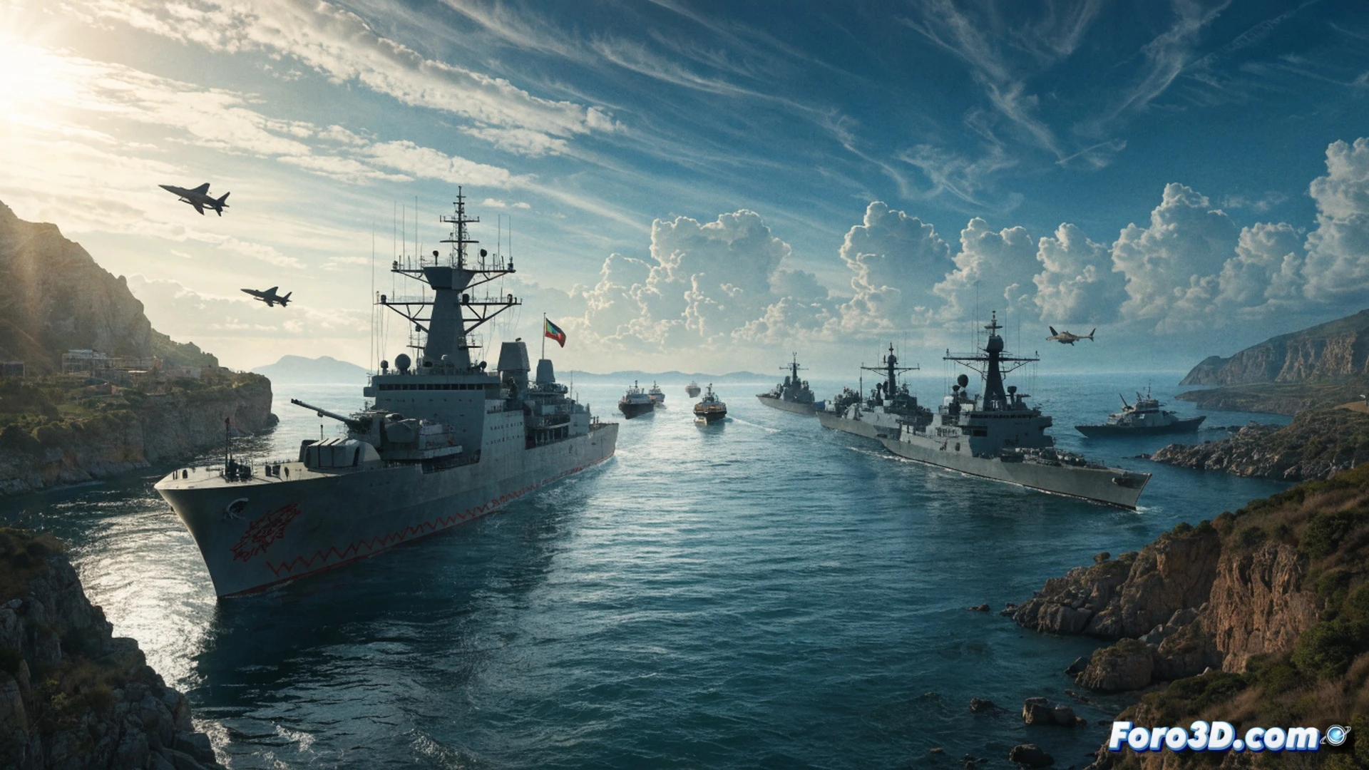 large cargo ship navigating narrow Strait of Hormuz, Iranian patrol boat blocking path near chokepoint, oil tanker changing course abruptly while another vessel waits, US Navy destroyer monitoring from distance, maritime traffic congestion visible, radar screens glowing on bridge showing crowded shipping lanes, engine smoke rising from stalled vessels, dramatic sunset lighting over turbulent water, photorealistic cinematic render, ultra-detailed ship hulls and navigation lights, tense geopolitical atmosphere