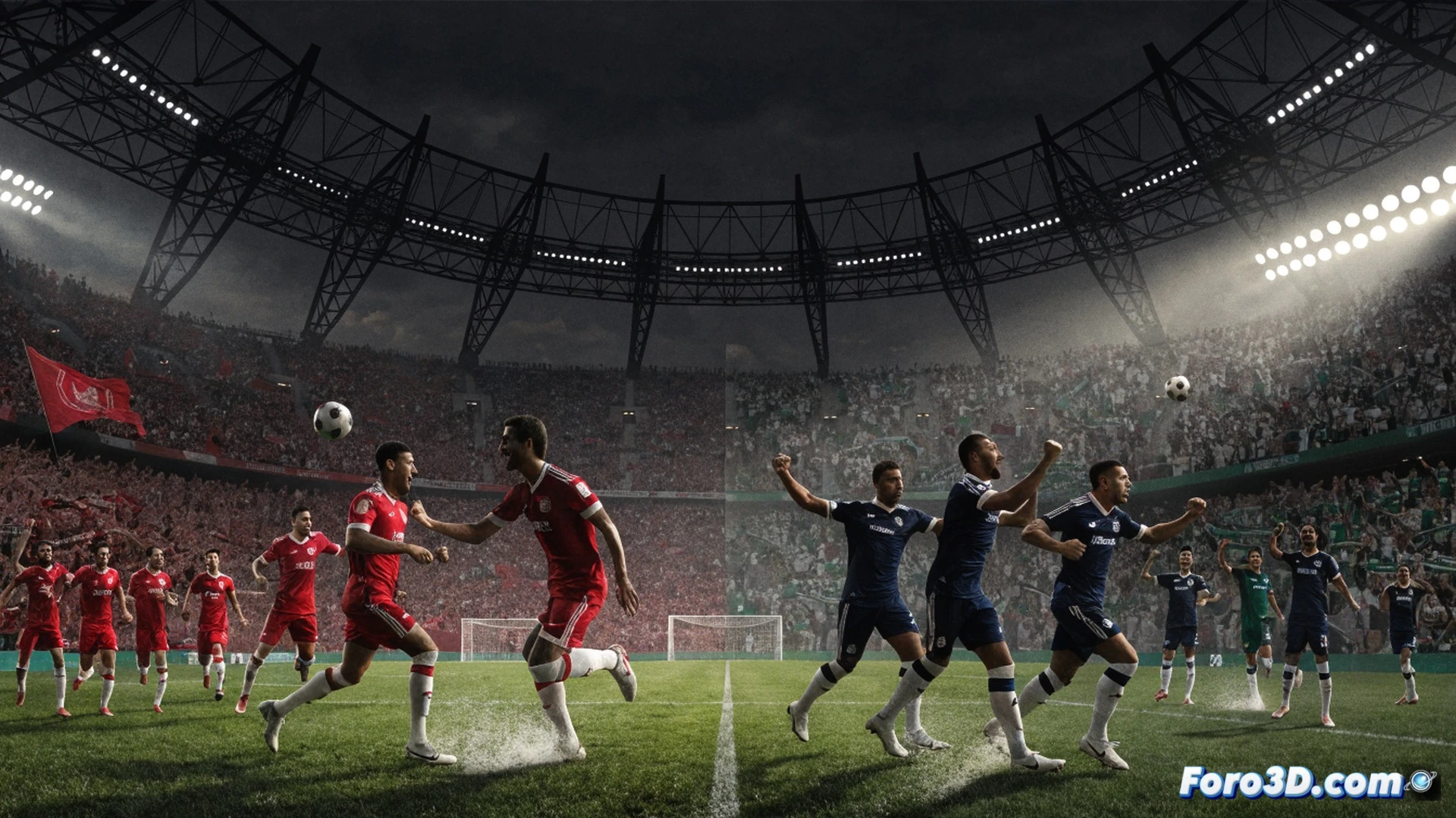 A packed stadium crowd of 70,000 spectators in Los Angeles, two football players mid-air challenging for a header, a ball crossing the goal line while a goalkeeper dives late, motion blur on players and ball, cinematic photorealistic sports photography style, dramatic stadium floodlights casting long shadows, green pitch with worn grass patterns, sweat droplets visible on players faces, intense eye contact between opponents, ultra-detailed athletic physiques, dynamic diagonal composition, high contrast lighting, Canon 5D Mark IV style depth of field