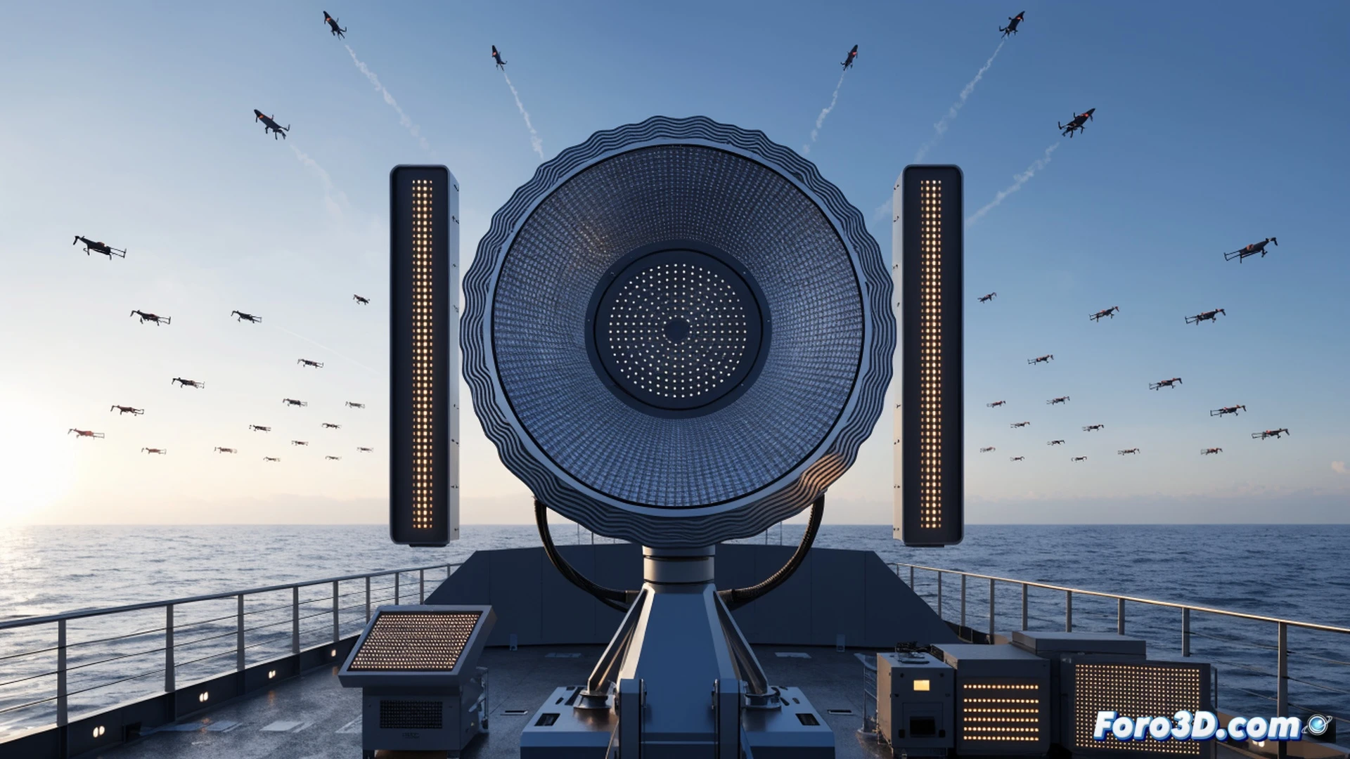 radar system mounted on ship mast during stormy sea conditions, small drone approaching at high speed 100 km/h, radar dish actively scanning with glowing blue detection beam, AI processing interface showing threat trajectory overlay, compact 29kg radar unit being deployed by crew in 15 minutes, cinematic engineering visualization, dark ocean waves, lightning in background, motion blur on drone, red warning indicators on display, photorealistic technical render, dramatic industrial lighting, ultra-detailed mechanical components