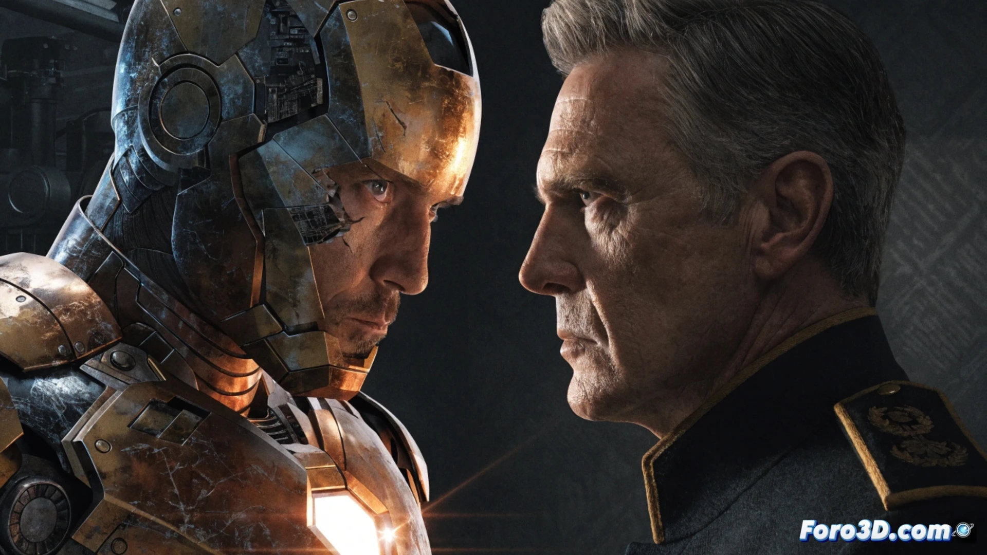 Tony Stark examina un panel de armadura robada en su laboratorio, hologramas forenses flotantes muestran rastros de manipulación y datos de localización apuntando a Norman Osborn, Stark sostiene un destornillador óptico mientras analiza microgrietas en la aleación, fondo con estaciones de trabajo y brazos robóticos inactivos, iluminación fría de laboratorio de alta tecnología, estilo cinematográfico fotorrealista, sombras marcadas en el rostro de Stark, expresión de desconfianza, cables y componentes desmontados sobre la mesa, visualización técnica de ingeniería con líneas de análisis brillantes