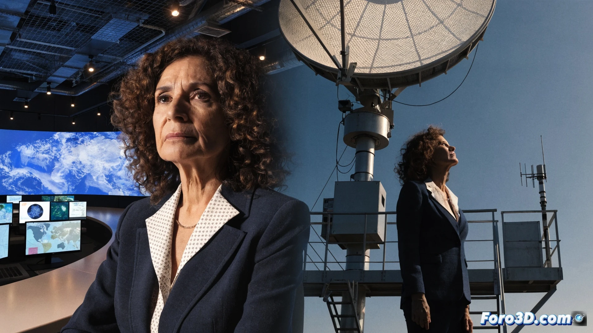 Isabel Moreno walking away from a large weather map display, leaving behind a glowing green screen showing cold fronts and isobars, a single microphone hanging above, empty studio chair in foreground, studio lights dimming gradually, a digital clock on wall showing 19:00, her silhouette casting a long shadow on the polished floor, cinematic photorealistic style, dramatic warm-to-cool color transition, emotional farewell atmosphere, technical broadcast equipment visible including control panels and camera rigs, subtle lens flare from fading studio lights, ultra-detailed texture on weather graphics