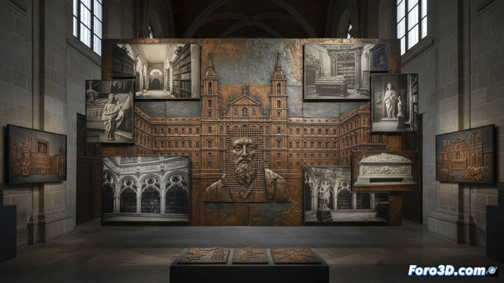 Isabel Muñoz applying gold leaf onto a large photographic print of El Escorial facade, metal etching tools scattered on workbench, chemical patina forming on copper plates beside her, darkroom enlarger projecting light onto metallic surface, cinematic studio lighting, photorealistic detail of oxidized metals and textured paper, dust particles suspended in dramatic side light, hands in motion during the gilding process, ultra-detailed artistic technique demonstration