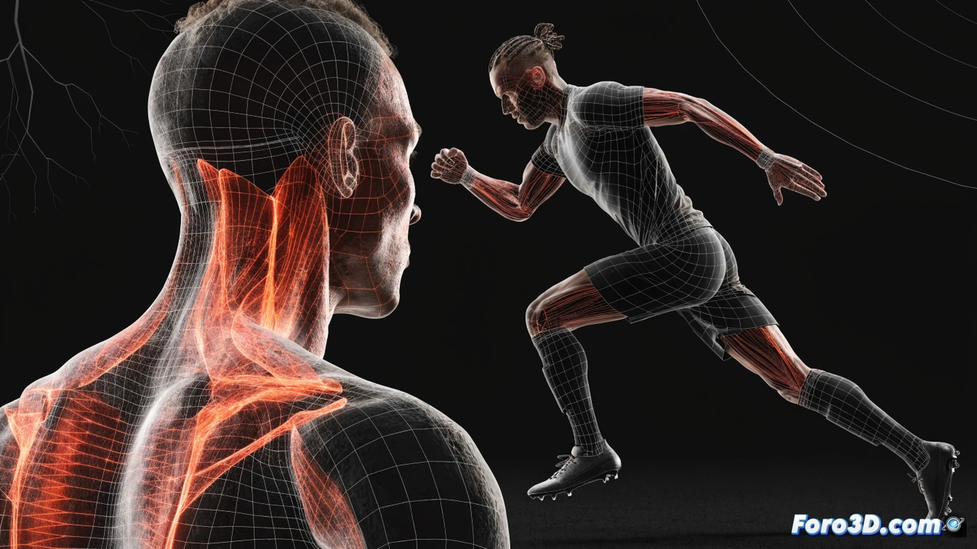 Biomechanical 3D analysis of a tall soccer striker in motion, long stride mid-dash, low center of gravity visible through skeletal overlay, green laser tracking lines following hip rotation and foot trajectory, virtual pressure indicators from surrounding defender avatars, technical engineering visualization, transparent muscle fiber layers, blue wireframe grid floor, motion blur in background, dramatic stadium lighting from above, ultra-detailed anatomical structures, photorealistic scientific render