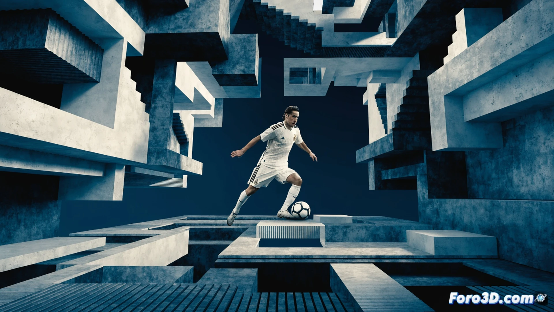Isco en movimiento dentro de un cubículo 3D de campo de fútbol, recibiendo un pase mientras tres defensores lo presionan en espacio reducido, su torso girado 90 grados, centro de gravedad bajo, mostrando lectura espacial con líneas de visión periférica trazadas en amarillo, mallas de presión rival como ondas rojas, engranajes de análisis biomecánico rotando en las esquinas, interfaz de tracking de datos con curvas de aceleración angular, iluminación dramática de estadio nocturno, estilo cinematic technical illustration, photorealistic render, texturas de césped y sudor visibles