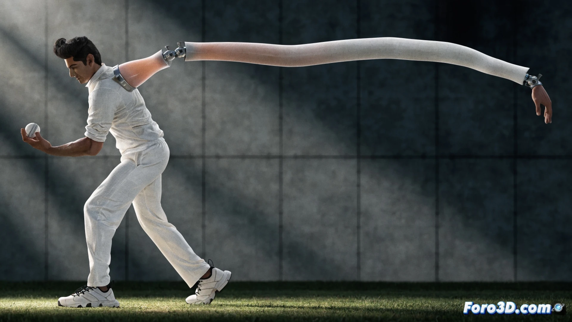 biomechanical analysis of Ish Sodhi bowling action, right arm fully extended with elbow angle near 180 degrees during delivery, shoulder rotation and wrist snap creating whip-like motion, cricket ball spinning mid-air with exaggerated trajectory curve, motion capture markers on joints showing arm and wrist kinematics, high-speed camera capture frozen in time, glowing kinematic lines tracing arm rotation and ball spin axis, technical engineering visualization style, clean white background with subtle grid, photorealistic human anatomy rendering, dramatic side lighting emphasizing muscle tension and joint angles, ultra-detailed skin texture and tendon definition, cinematic sports science illustration