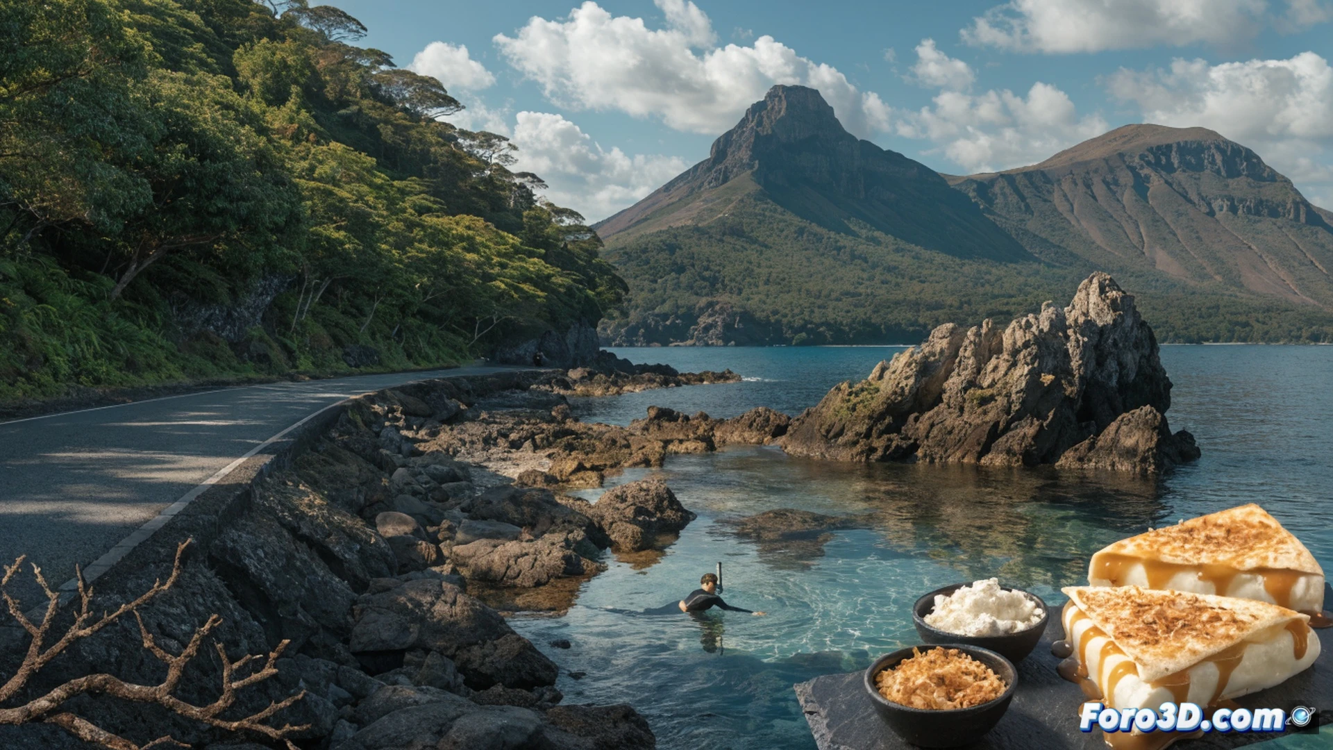 volcanic coastline with black lava rocks, turquoise ocean waves crashing against basalt cliffs, laurisilva forest canopy in background, snorkeler floating in clear water observing colorful fish near coral reef, traditional wooden fishing boat anchored offshore, plate of sliced goat cheese and sweet quesadilla on picnic blanket, dramatic cinematic landscape photography style, golden hour warm lighting, high contrast between dark volcanic rock and green vegetation, realistic textures of tree bark and sea foam, ultra-detailed natural scenery, photorealistic travel editorial render