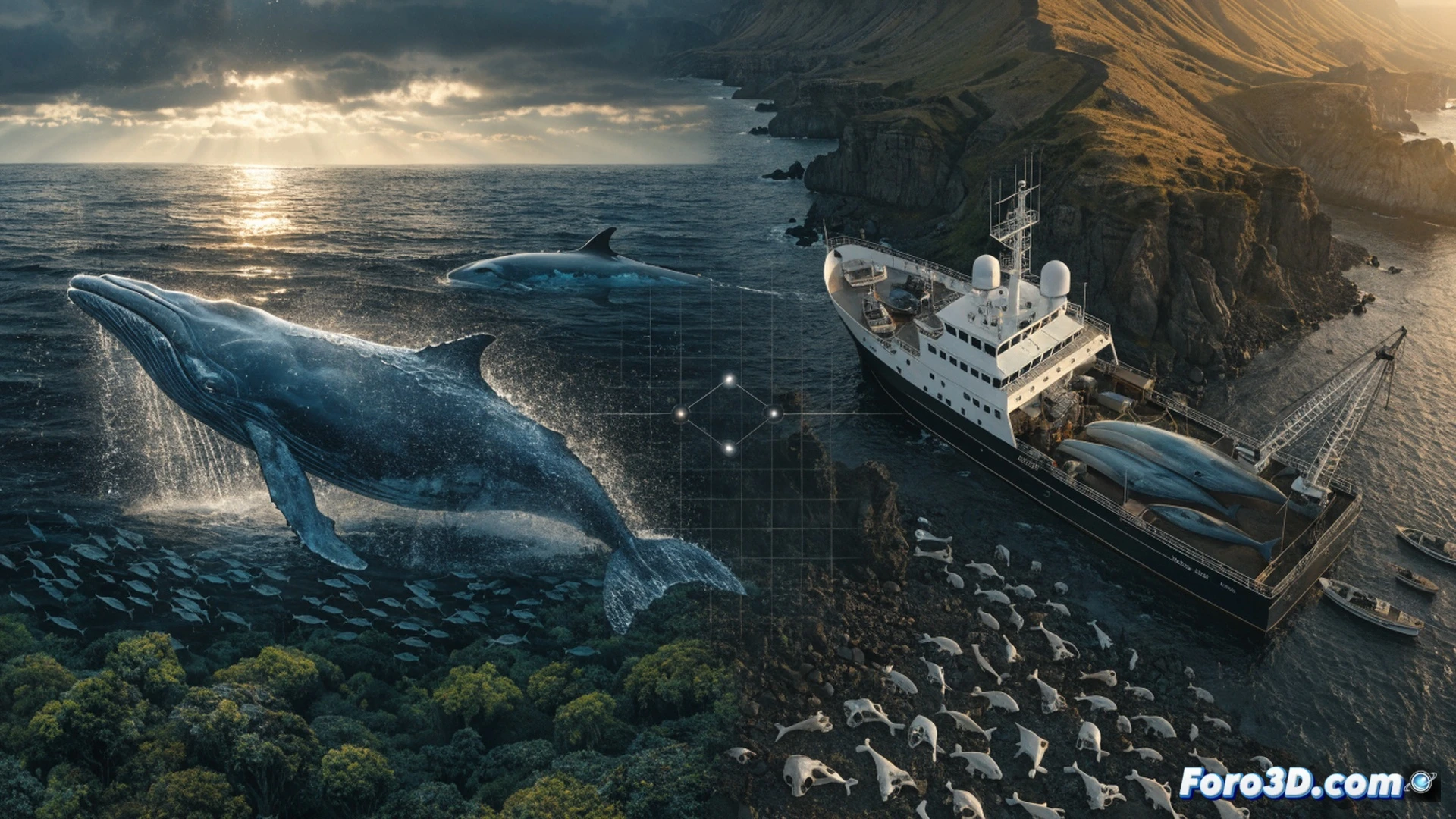 Islandia barco ballenero arpón oxidado apuntando a ballena jorobada emergiendo, mar agitado gris oscuro, humo negro saliendo del motor del barco, tripulación inactiva mirando, cartel turístico de avistamiento de ballenas roto flotando en el agua, plano general cinematográfico, estilo fotorrealista documental, iluminación nublada dramática, textura metálica desgastada, gotas de agua salpicando la lente, composición tensa en movimiento, vapor marino, horizonte brumoso, tonos azules fríos y grises acero, ultradetallado.
