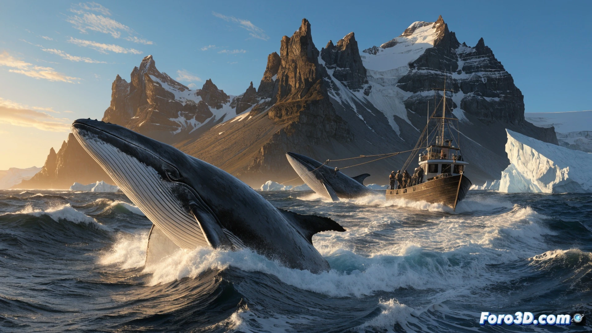 Two fin whales being hauled onto an Icelandic whaling station dock, harpoon rope taut during capture, hydraulic winch mechanism straining, blood trails mixing with seawater on concrete slipway, distant icy fjord and snow-capped mountains in background, overcast sky, cinematic photorealistic style, dramatic low-angle shot, wet metallic surfaces reflecting grey light, abandoned processing equipment rusting nearby, conflict between industrial machinery and vulnerable marine species, ultra-detailed texture on whale skin and steel cables, moody atmospheric lighting