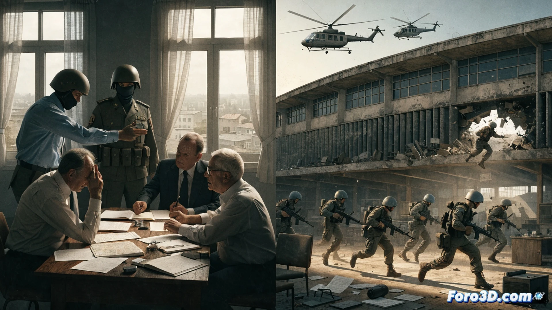 Israeli soldiers reviewing declassified documents on a military table, one officer pointing at a historical map of Entebbe Airport with highlighted runway and terminal, another holding a vintage 1970s radio transceiver, papers showing handwritten negotiation notes and tactical blueprints, a vintage military computer terminal displaying flight paths, dramatic side lighting, dust particles in air, olive green uniforms, tense atmosphere, cinematic photorealistic historical recreation, ultra-detailed paper textures and metal hardware