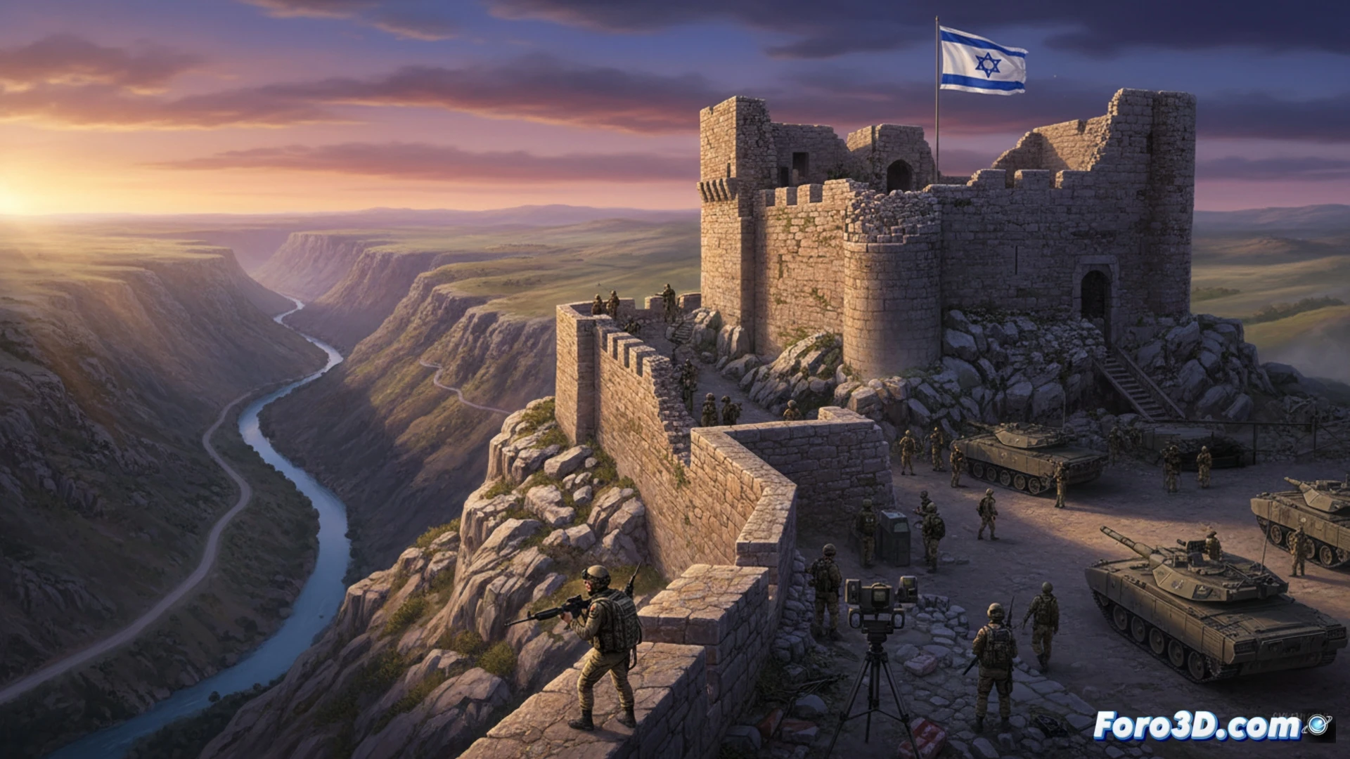 Soldados israelíes en el castillo de Beaufort, dominando el valle del Litani, con bandera y equipo militar.