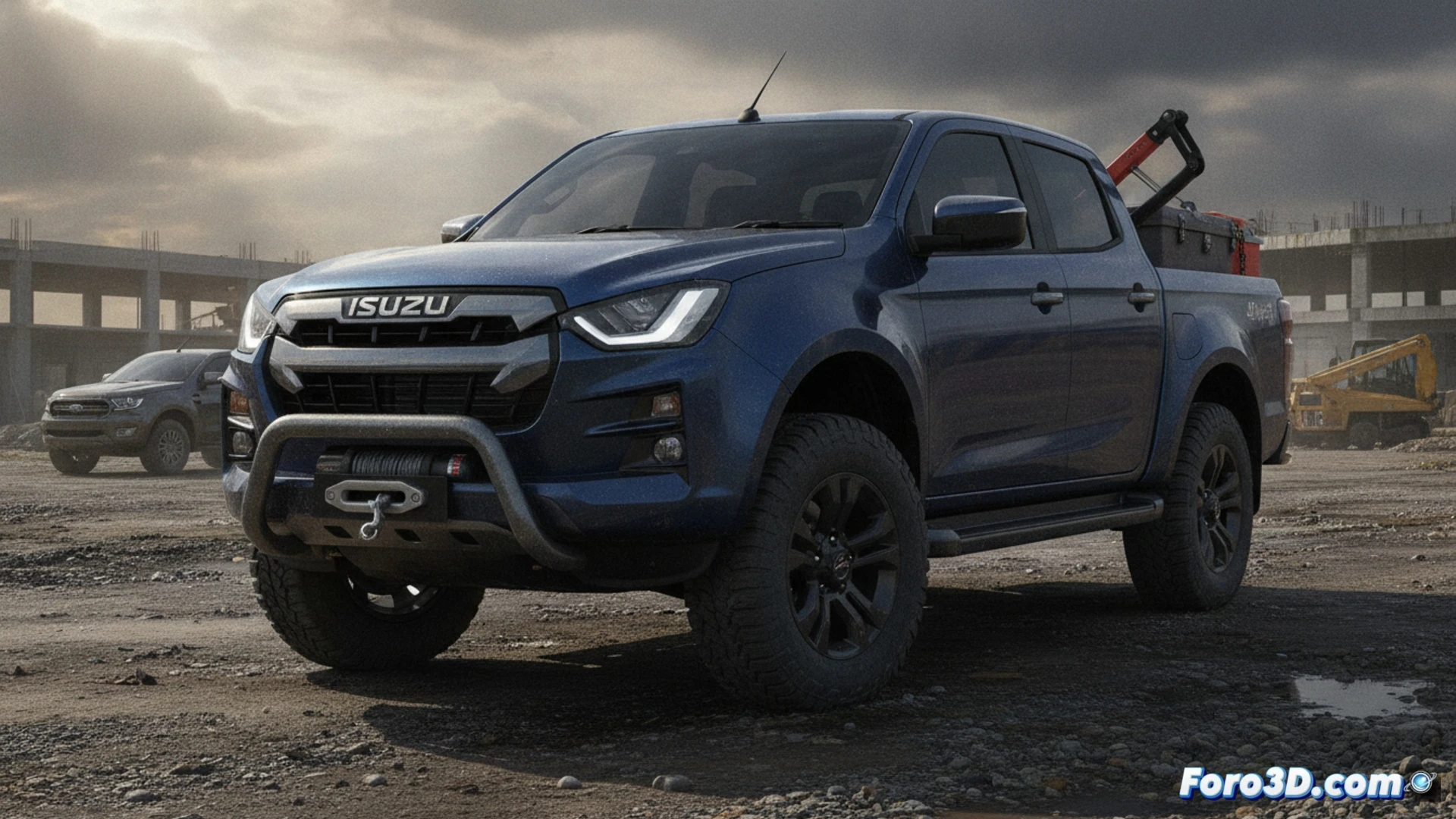 Isuzu D-Max 2026 pick-up cruzando un lodazal agrícola bajo lluvia, barro salpicando los neumáticos todoterreno y los bajos metálicos, caja de carga con sacos de grano y herramientas, enganche de remolque de 3.5 toneladas visible, motor diésel 2.2 litros en corte técnico mostrando pistones y turbo, par motor transmitido a las ruedas traseras durante la tracción 4x4, suspensión trasera de ballestas flexionándose bajo carga de 1057 kilos, gotas de agua golpeando el capó y el parachoques delantero robusto, paisaje rural brumoso al fondo, estilo cinematográfico fotorrealista, iluminación dramática con nubes oscuras, detalles mecánicos ultrarrealistas, textura de barro y metal desgastado, alta definición técnica.