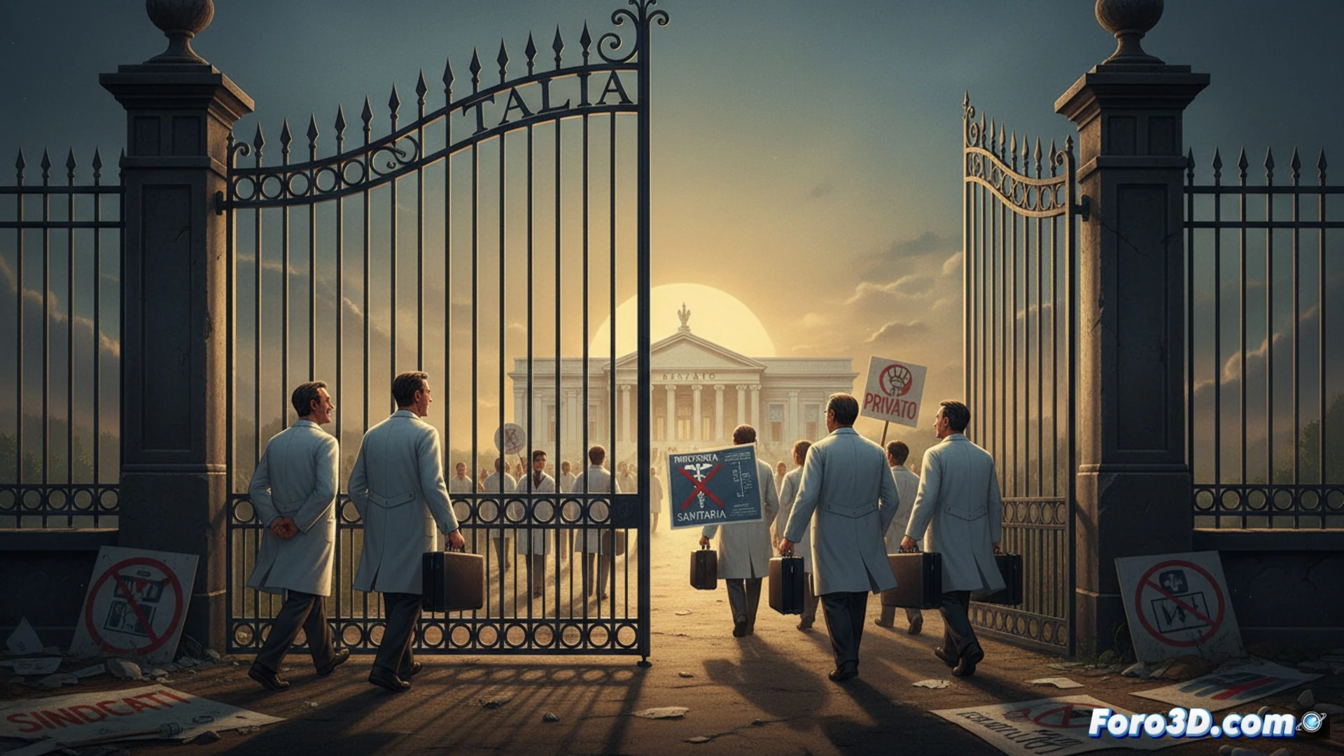 photorealistic technical illustration of an Italian family doctor turning away from a modern public healthcare building with Casa della Comunità sign, walking back to a private clinic entrance holding a medical bag and stethoscope, while government documents labeled riforma sanitaria lie crumpled on the ground, union protest signs visible in the background, dramatic overcast lighting, contrast between sterile public facility and warm private office, cinematic composition, ultra-detailed medical architecture, tension in the scene showing reversal of healthcare policy