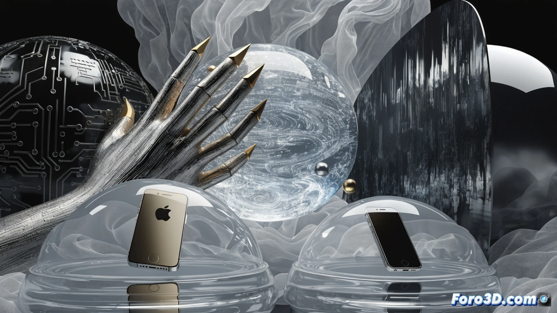 iPhone being held by a hand, screen showing iCloud settings menu with backup toggle highlighted, other hand trying to connect to Google Drive and Dropbox icons on a laptop, both services showing error symbols while a chain icon locks the iPhone data flow, abstract European Union flag watermark in background, technical illustration style, photorealistic metallic surfaces, dramatic courtroom lighting, cables and cloud symbols floating around the device, action of blocked data transfer demonstrated, competitive restriction visualized, engineering visualization with glowing red prohibition signs