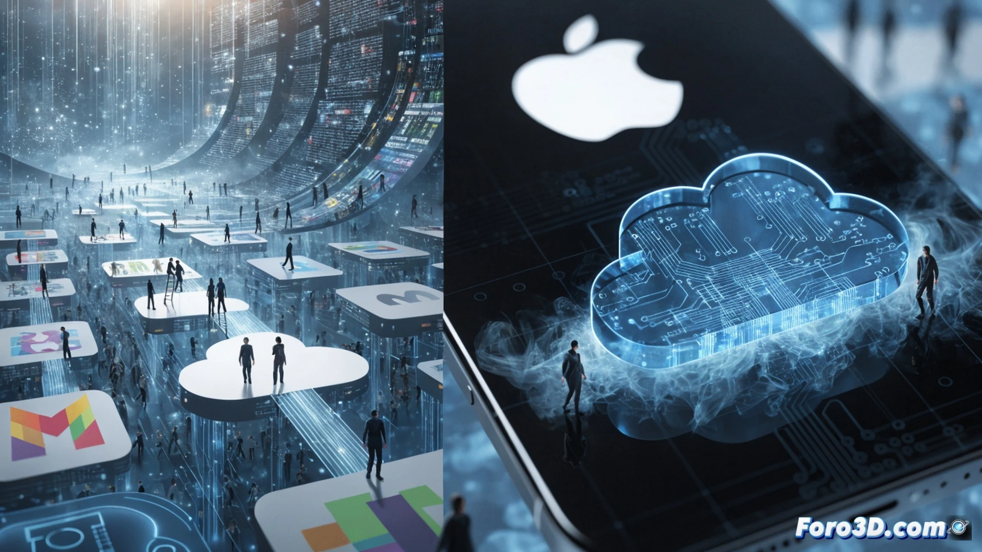 Digital courtroom scene with gavel striking a glowing iPhone and iPad, iCloud logo fractured by a chain labeled antitrust investigation, floating cloud icons of competing services like Google Drive and Dropbox trying to connect via dotted lines that are blocked by a red firewall barrier, technical illustration style, photorealistic legal document details, metallic Apple devices with cracked glass screens, ambient blue dramatic lighting, shadowy European Union flag in background, ultra-detailed circuit board textures on devices, cinematic engineering visualization