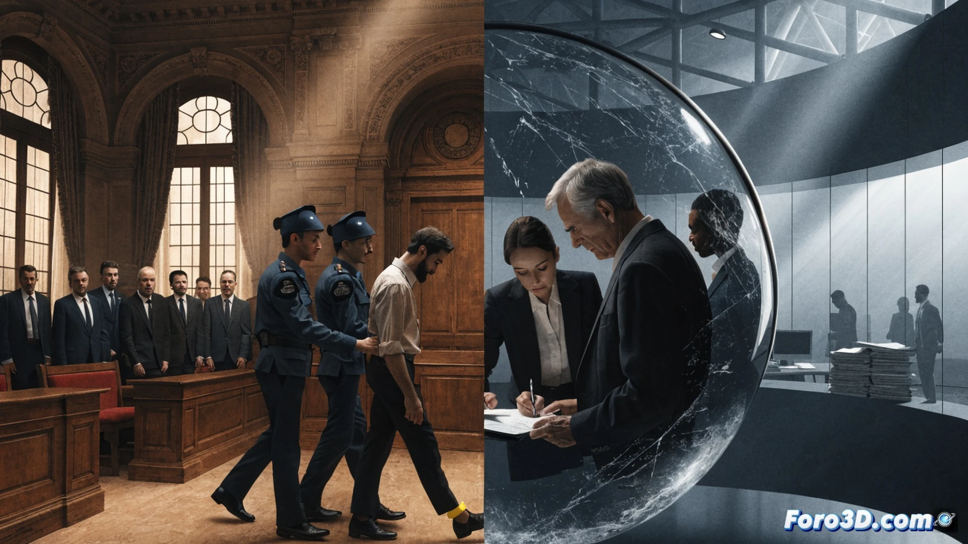 cinematic courtroom scene, a gavel cracking mid-air with jagged fault lines spreading across a world map floor, a figure in handcuffs being pulled through a broken window labeled universal justice, while shadowy diplomats exchange documents behind a cracked ICC logo, photorealistic technical illustration, dramatic chiaroscuro lighting, concrete pillars crumbling, chains morphing into political flags, ultra-detailed textures on legal documents and metal restraints, high-contrast shadows, 8K architectural render