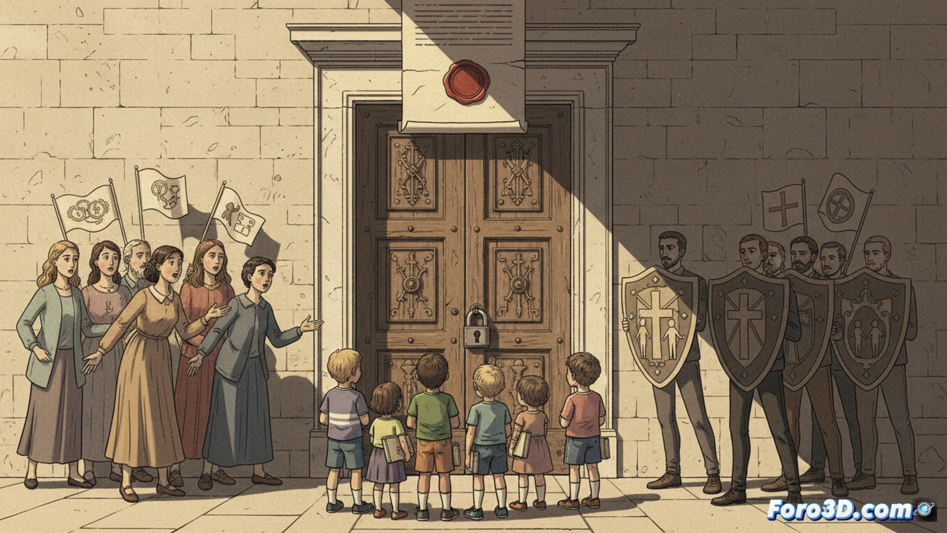 Italian kindergarten classroom interior, blank chalkboard on wall, small wooden desks and chairs arranged neatly, colorful children's drawings on bulletin board, a teacher standing with arms crossed looking disapprovingly at a closed book with a red prohibition symbol on its cover, sunlight streaming through large windows casting long shadows, photorealistic architectural visualization, soft natural lighting, muted earth tones, clean geometric composition, empty shelves suggesting removal of educational materials, stark institutional atmosphere, hyperdetailed textures of wood and paper, cinematic documentary style