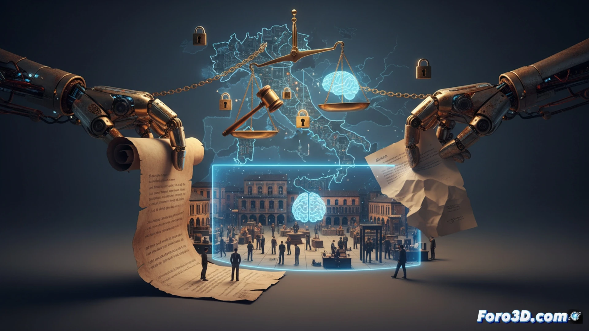 gavel striking a digital document titled with binary code patterns, fractured screen showing blurred contract text and robotic hand reaching toward a worker silhouette, glowing red warning symbols on a judicial monitor displaying AI decision algorithms being crossed out, cinematic legal-tech visualization, dark courtroom atmosphere with blue and amber procedural lighting, photorealistic render, dust particles floating in dramatic spotlight, tension between human and machine elements
