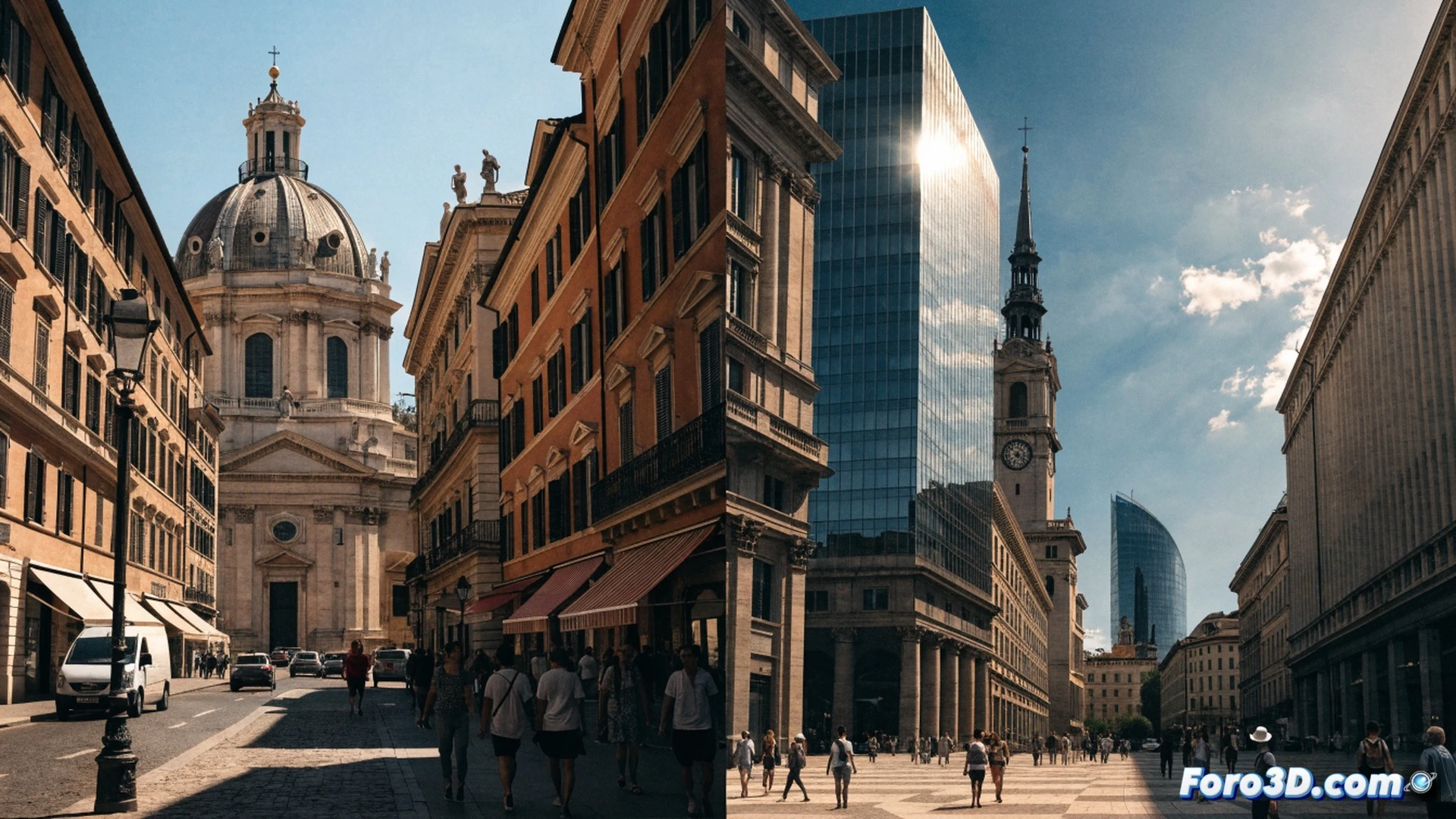 Italian cityscape at midday, ancient domes and rooftops shimmering in extreme heat, digital thermometer on a piazza wall displaying 39 degrees Celsius, elderly person drinking water in the shade of a colonnade, distant heat haze rising from asphalt, red alert warning symbol on an electronic information panel, cinematic photorealistic visualization, intense golden sunlight casting sharp shadows, dry cracked earth visible in a planter, dramatic atmospheric haze, ultra-detailed architectural textures, hyper-realistic environmental render