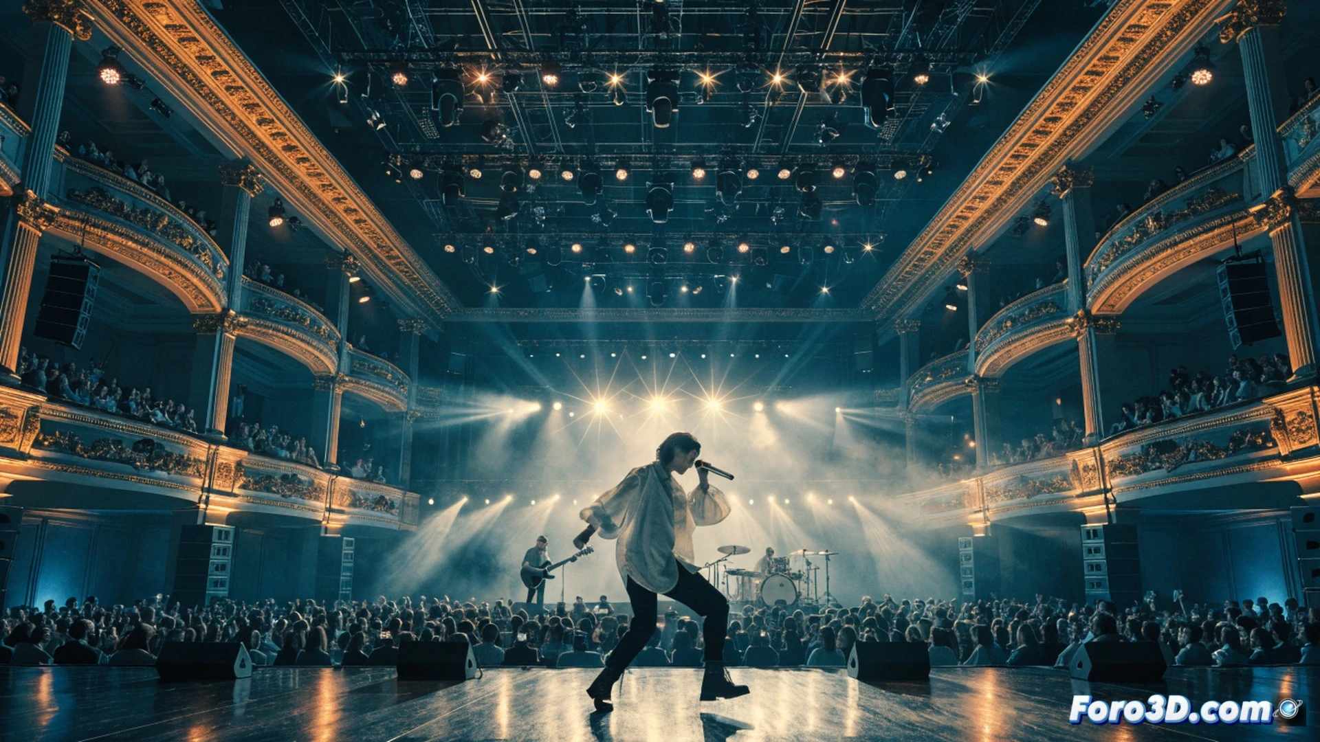 crowd of italians raising smartphones with glowing screens during a live concert, stage lights illuminating a rock band performing, euro coins and banknotes floating upward from the audience toward the stage, a digital holographic graph showing 4.3 billion euro revenue trending upward behind the musicians, cinematic photorealistic style, dramatic blue and gold lighting, motion blur on moving hands, confetti falling, high-contrast shadows, ultra-detailed facial expressions of excitement, technical illustration with economic data visualization elements