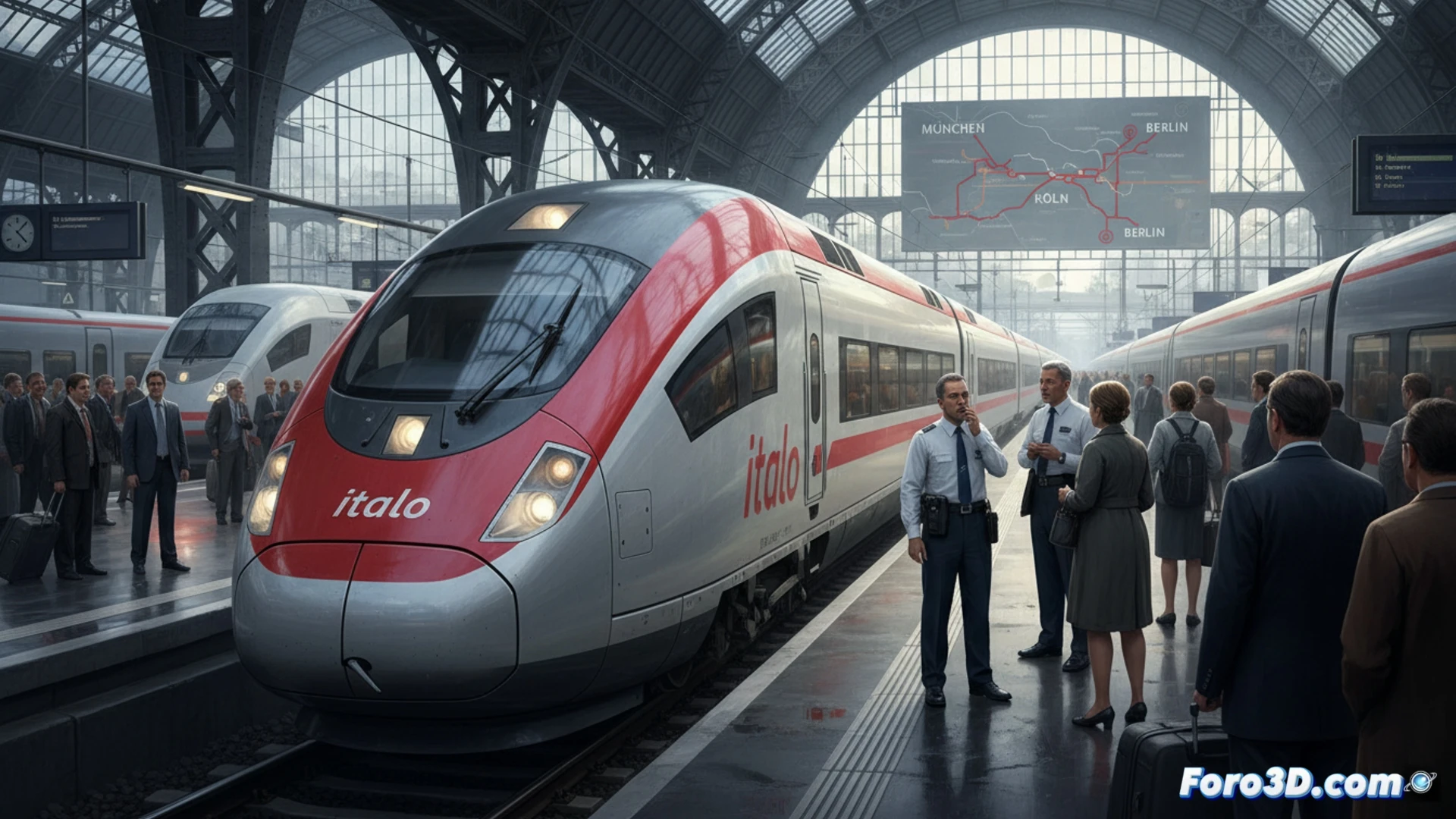 high-speed train collision course on parallel tracks, red Italo train racing alongside grey Deutsche Bahn ICE train near a rural station, overhead power lines sparking during high-speed overtake, station signpost pointing to Munich and Berlin, tracks diverging into a smaller branch line with a neglected regional train, cinematic engineering visualization, dramatic sunset lighting, motion blur on trains, realistic railway infrastructure, photorealistic technical render, contrasting train liveries, dynamic action scene