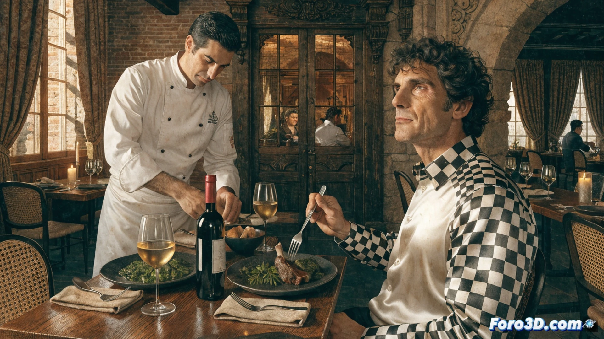 Iván Ferreiro sentado en mesa de madera rústica del restaurante Rusticco, sosteniendo un plato de borraja humeante mientras el chef Rubén Martín vierte aceite de oliva sobre el ternasco asado, fondo con barra de cocina abierta y fogones de hierro, mostrando interacción entre artista y cocinero durante la preparación del menú aragonés, luces cálidas destacando texturas de verduras y carne, estilo cinematográfico fotorealista con enfoque nítido en detalles gastronómicos, ambiente acogedor de restaurante local, profundidad de campo suave, iluminación natural desde ventana lateral