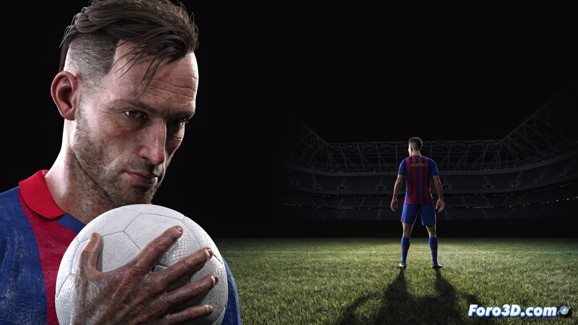 Ivan Rakitic in a 3D tactical analysis scene, left foot connecting with a pass while his body faces forward, showing a no-look delivery, defensive lines rendered as glowing red and blue grids, teammates and opponents as low-poly silhouettes, a highlighted passing lane cutting through three defenders, his planted foot and hips rotated to demonstrate the pause, ball slightly blurred mid-flight, cinematic technical illustration, dark stadium background, volumetric lighting, depth of field, photorealistic training ground environment, motion capture markers on joints, real-time tracking data overlays as subtle glowing lines