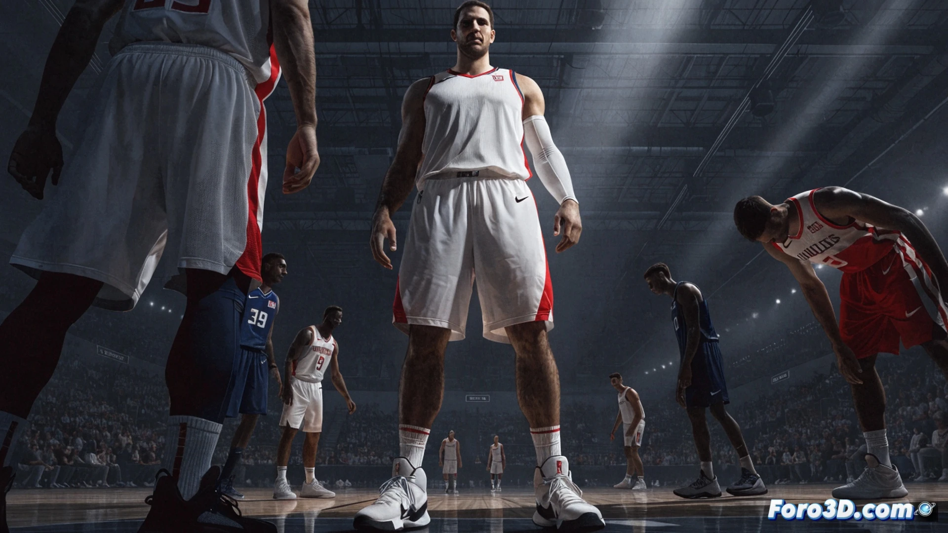 NBA center Ivica Zubac boxing out two defenders under the rim, massive wingspan creating a gravitational shadow zone around the paint, 3D motion capture grid lines measuring his standing reach and hip width, opponents pushed away by his immovable base, static force diagram arrows showing his low center of gravity, photorealistic engineering visualization, arena floodlights casting long shadows, sweat particles frozen mid-air, hyperdetailed muscle tension in his shoulders, cinematic technical illustration