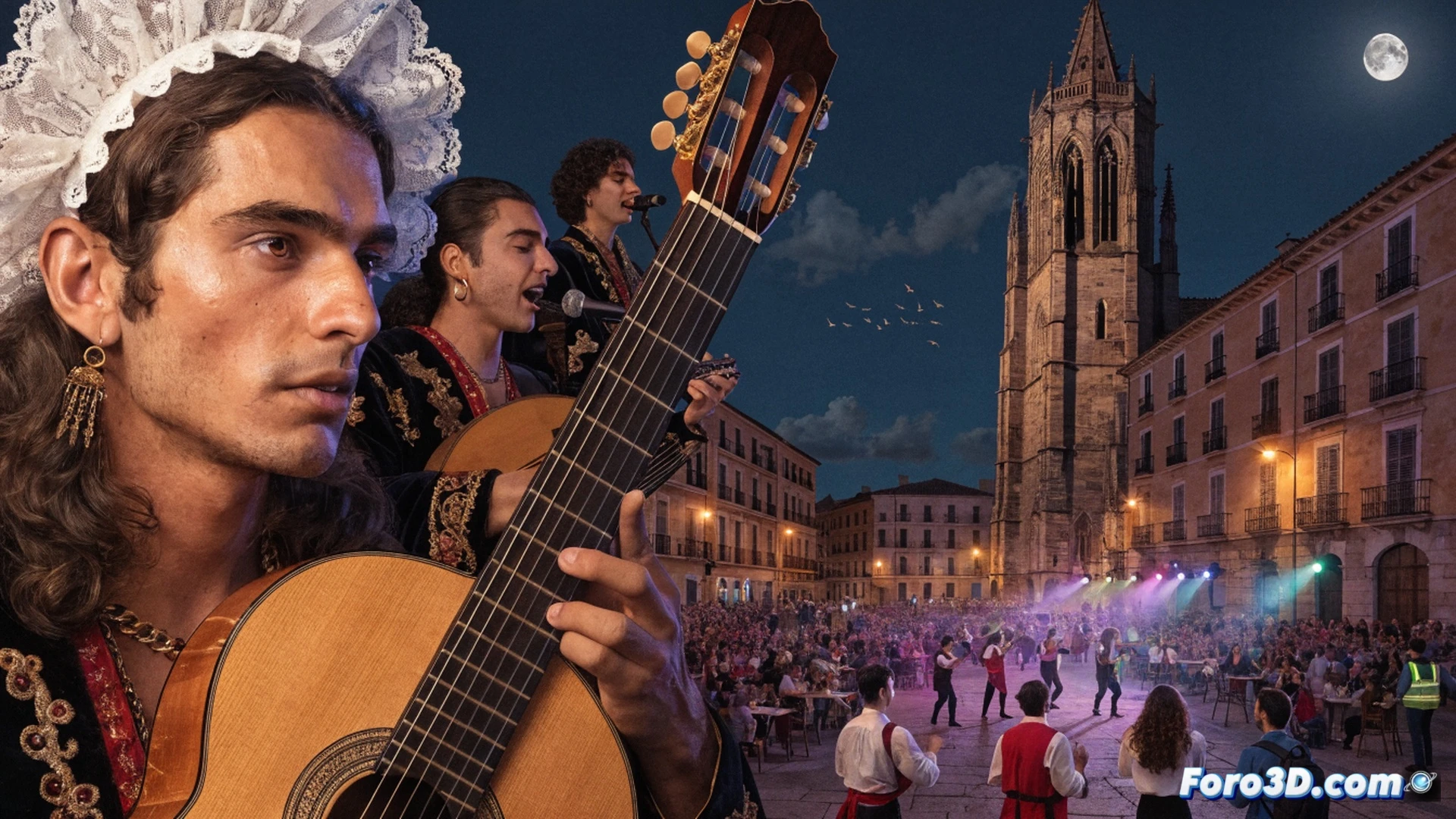 tuna musicians in traditional robes performing under a warm sunset in a Spanish plaza, audience members placing coins into a collection box held by a smiling student, acoustic guitar strings vibrating during a strum, medieval university cloister background with stone archways, cinematic photorealistic scene, golden hour sunlight casting long shadows, festive bunting hanging between lampposts, joyful crowd clapping in rhythm, detailed fabric textures on capes, subtle motion blur on dancing figures, warm amber and terracotta color palette