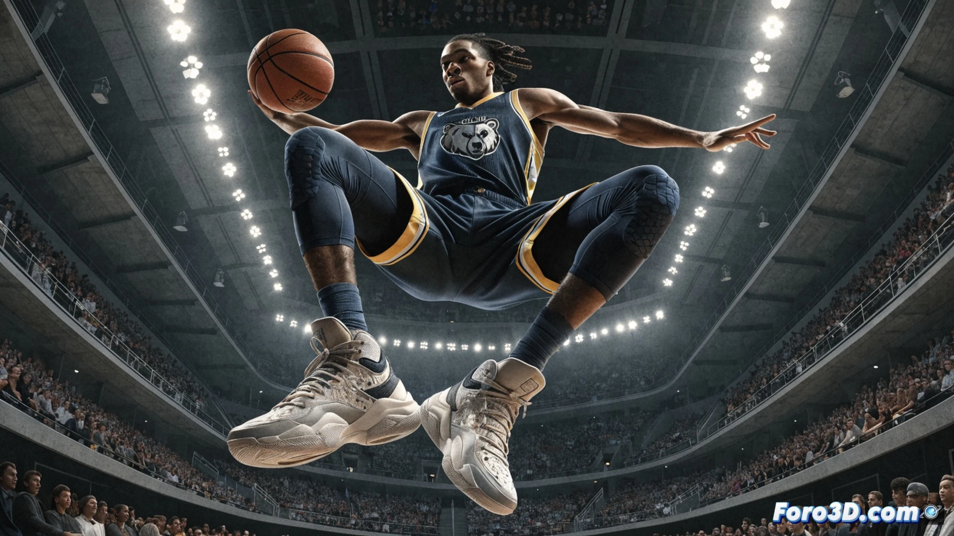 basketball player mid-air layup, center of gravity marked as glowing low point below waist, legs bent at extreme angle while torso stays upright, elastic muscle fibers stretching across thighs and calves, 3D motion lines tracing explosive trajectory from takeoff, biomechanical skeleton overlay showing joint rotation, photorealistic technical illustration, dark gym background with subtle court reflections, dramatic spotlight highlighting player, ultra-detailed muscle anatomy, cinematic engineering visualization