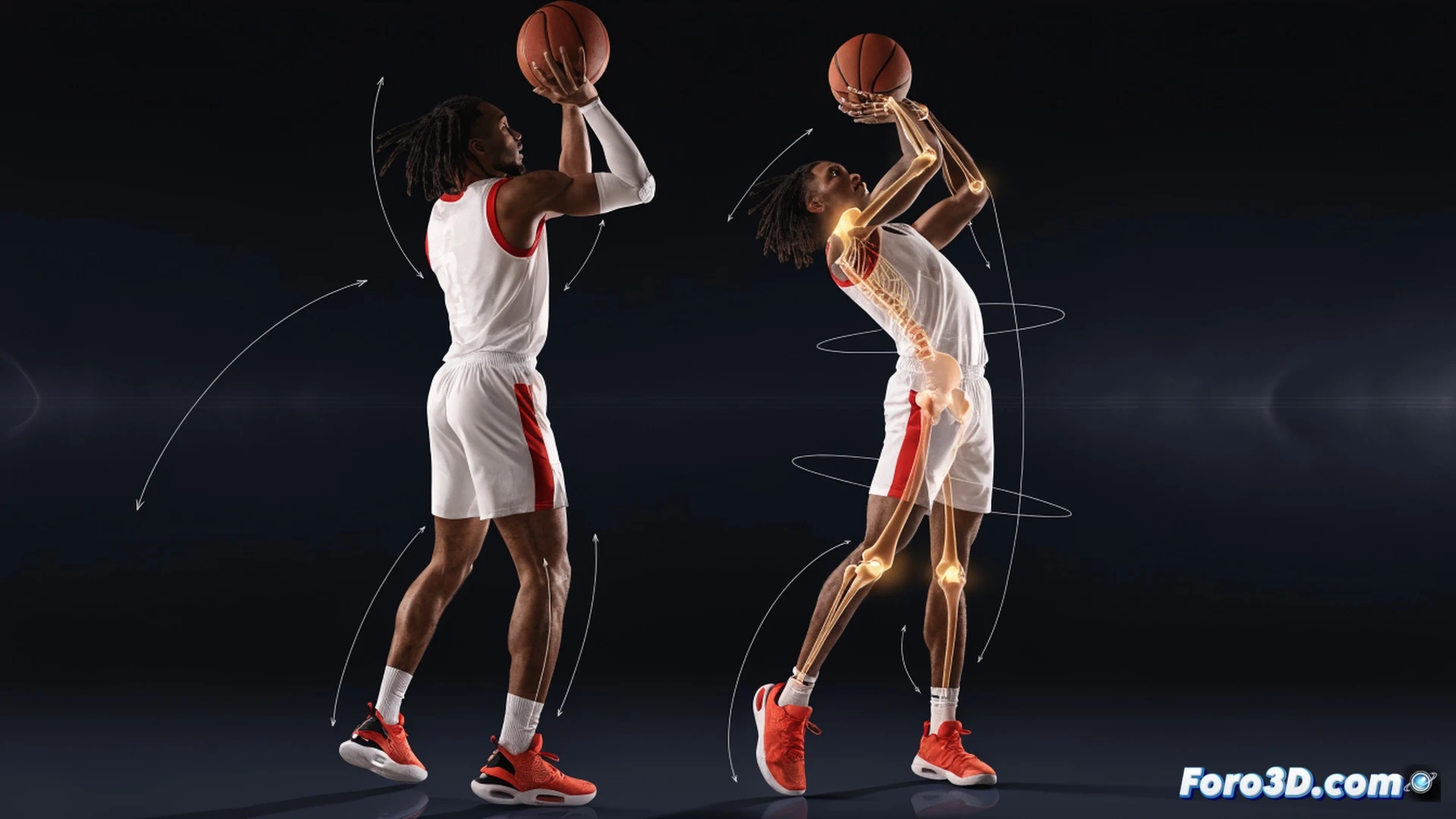 basketball player mid-air jump shot, three-dimensional skeletal overlay showing shoulder and elbow joint angles, red trajectory lines tracing ball release arc from hand, defender reaching but unable to block, biomechanical analysis interface with translucent wireframe mesh around torso, motion blur on shooting arm, dark arena background with court floor reflection, cinematic technical illustration, photorealistic human anatomy, blue and orange holographic data panels floating beside player, dynamic spotlight on release point, ultra-detailed muscle tension lines, engineering visualization style