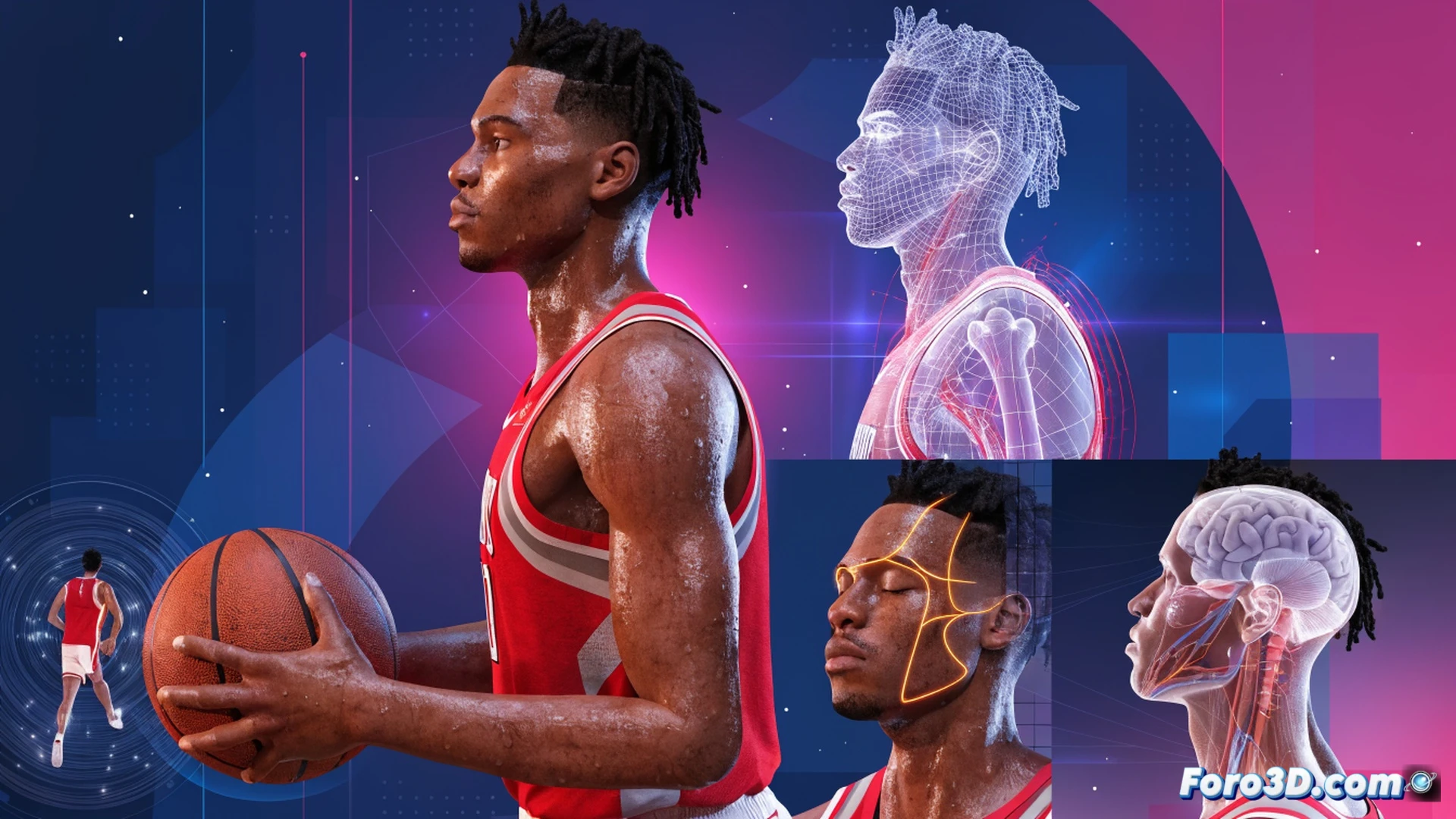 basketball player Jabari Smith Jr in mid-air shooting form, biomechanical wireframe overlay highlighting shoulder rotation and elbow alignment during jump shot release, defensive stance transition with wide lateral foot placement on perimeter, pick-and-roll spatial reading visualized with glowing court zones and arrow trajectories, Houston Rockets jersey visible, modern sports science lab background with motion capture cameras and force plates, cinematic technical illustration, photorealistic 3D render, dramatic arena lighting, sweat droplets frozen in motion, dynamic pose, ultra-detailed muscle definition